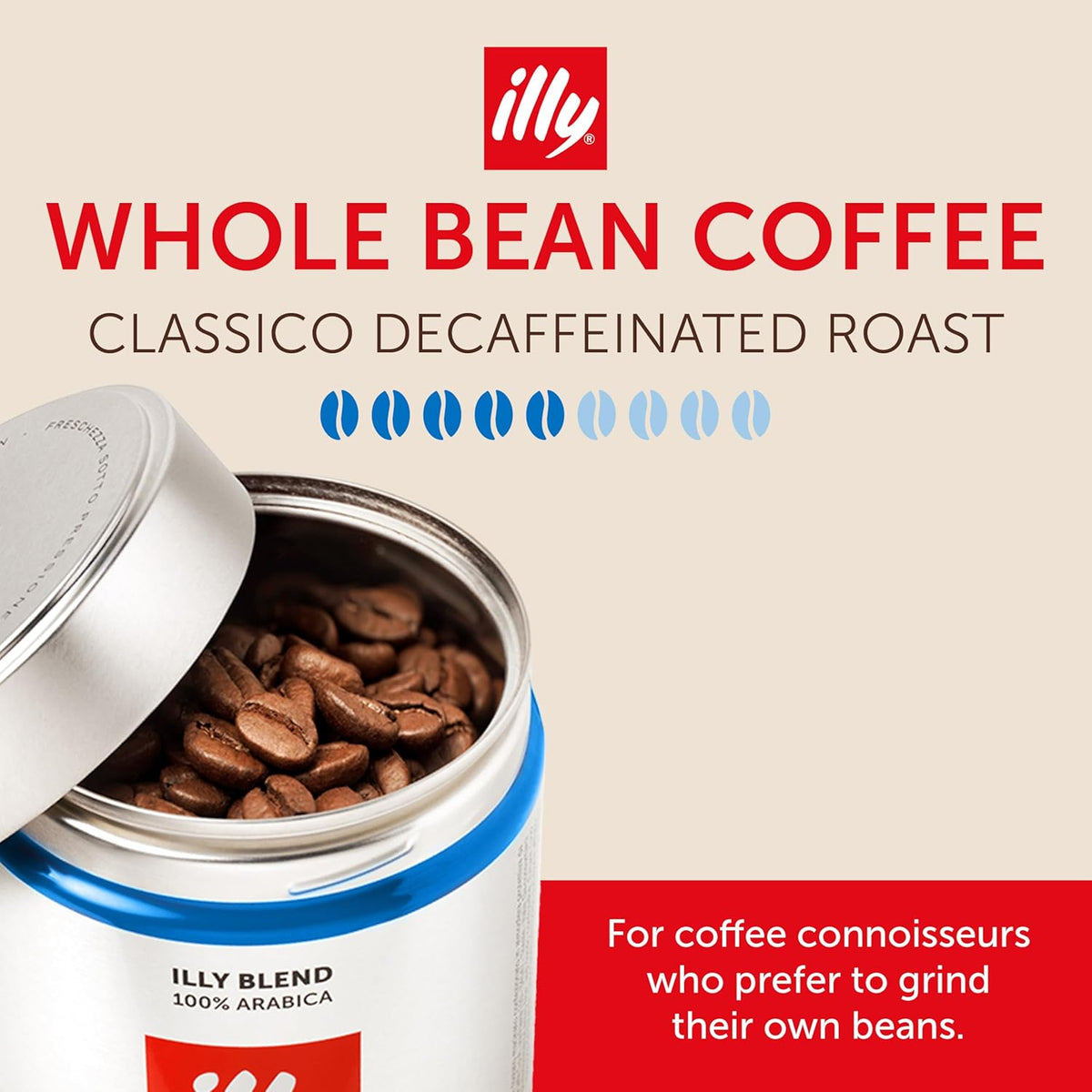 Illy Whole Bean Coffee, Decaffeinated - Medium Roast - Mild & Balanced - 100% Arabica - Whole Beans - Pressurized Packaging Sealed for Freshness - 8.8oz can (Pack of 12)