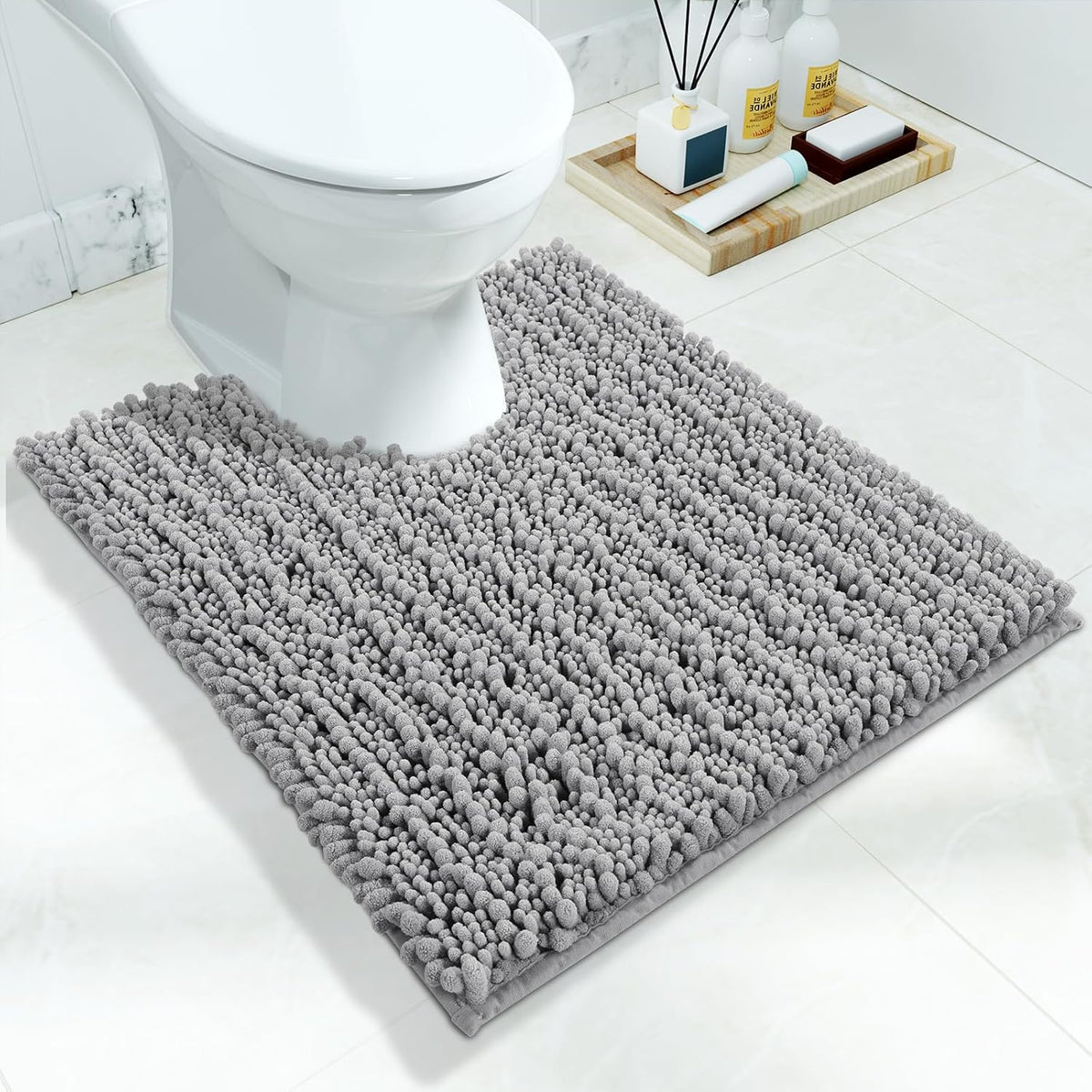 Yimobra Toilet Rug U Shaped Washable 24x20 Inch - Ultra Soft Absorbent Chenille Bath Rugs for Toilet, Quick Dry & Machine Washable, Non Slip Contour Bathroom Mat, Gray