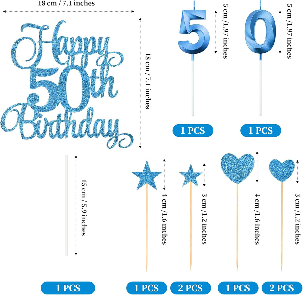 50th Birthday Cake Decorations, 50th Birthday Candles Cake Numeral Candles and Glitter Happy 50th Birthday Cake Toppers Set for Birthday Party Supplies (Blue)