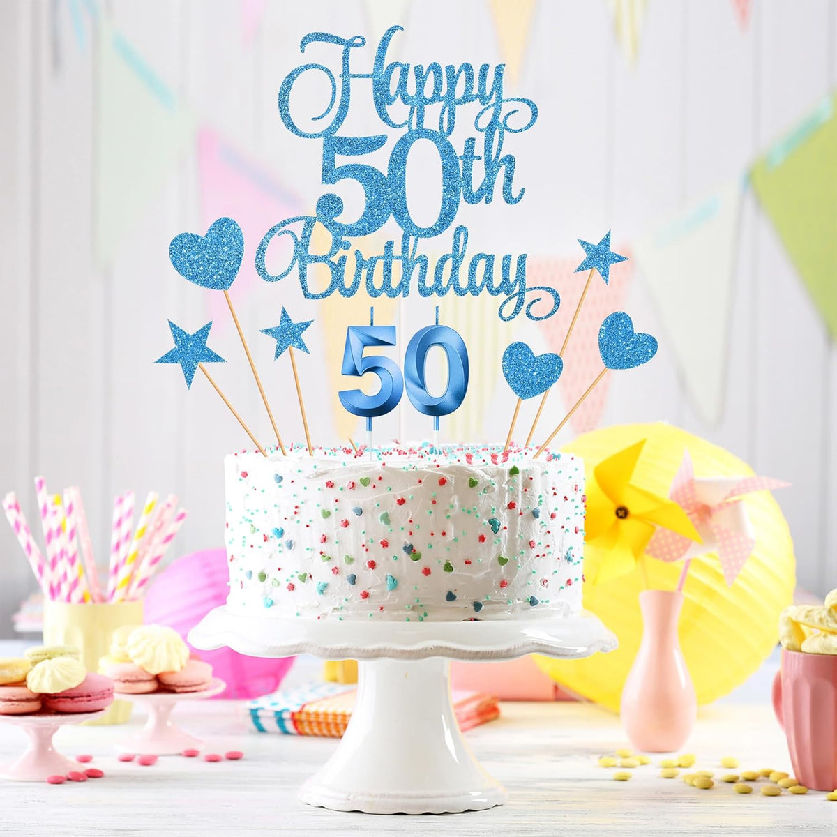 50th Birthday Cake Decorations, 50th Birthday Candles Cake Numeral Candles and Glitter Happy 50th Birthday Cake Toppers Set for Birthday Party Supplies (Blue)