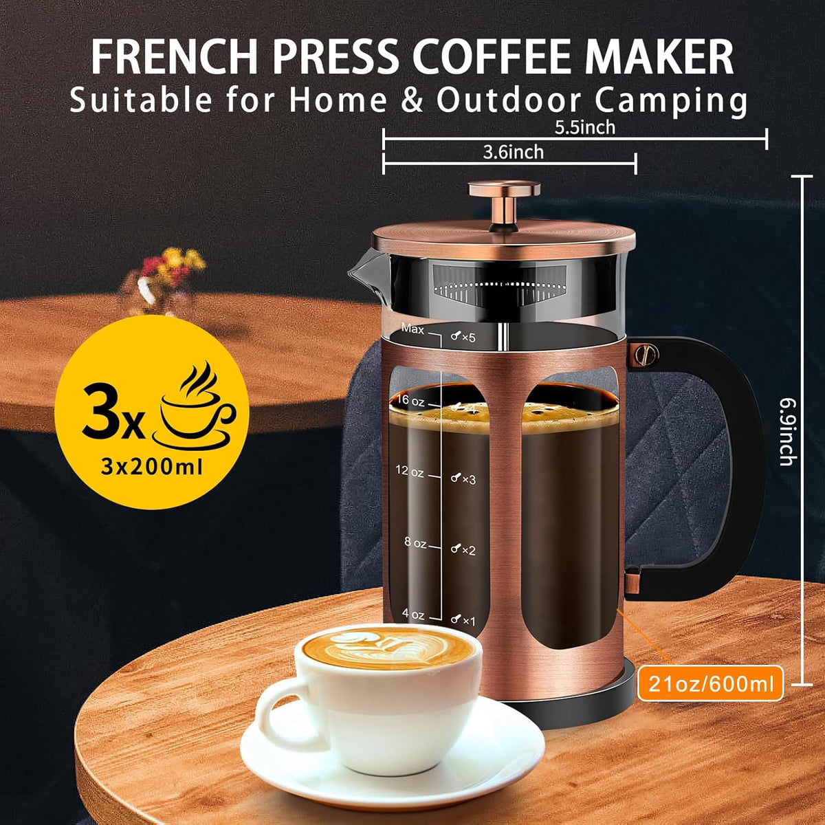French Press Coffee Maker (21oz 600ML 3-4Cup) Coffee Press, with 4 Filters System, Heat Resistant Thickness Borosilicate Glass, Cold Brew Coffee Tea Pot Gifts (Copper)