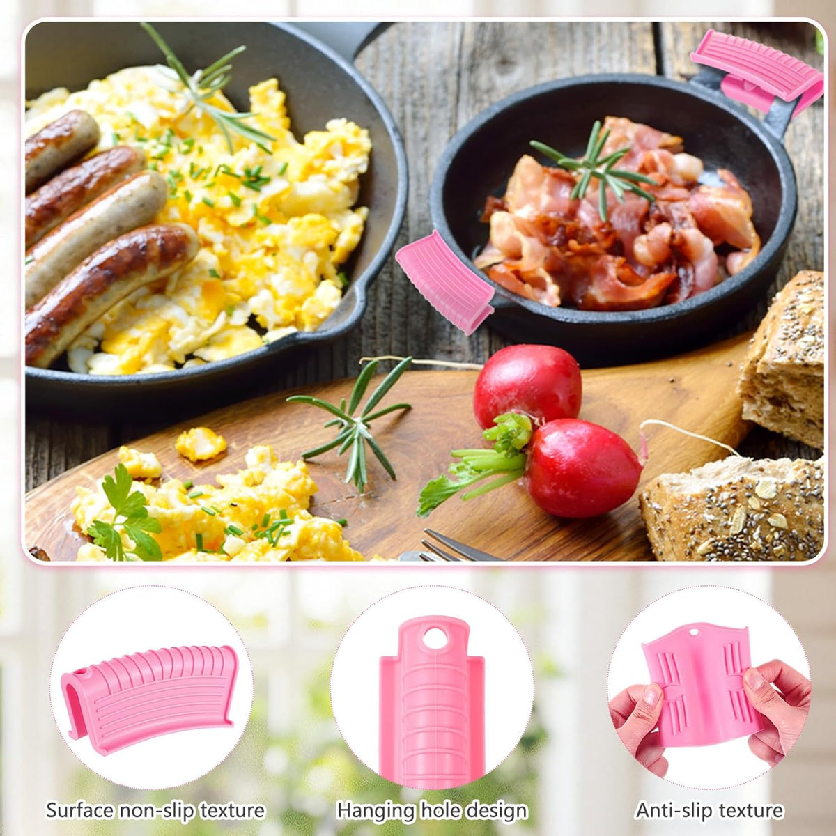 Patelai 4 Pcs Silicone Assist Hot Pan Handle Holder Pot Handle Covers for Cast Iron Skillets Holder Sleeve Nonslip Heat Resistant Pan Cover for Enameled Griddles Casserole Frying Cookware(Pink)