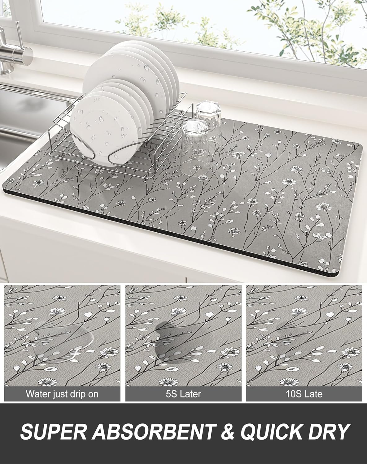 Rnivvi Dish Drying Mat for Kitchen Counter, 12 x 19" Cute Flower Theme Super Absorbent Draining Pad, Non-Slip Heat Resistant Coffee Bar Mats for Coffee Machine Station Accessories, Grey Dish Rack Pad