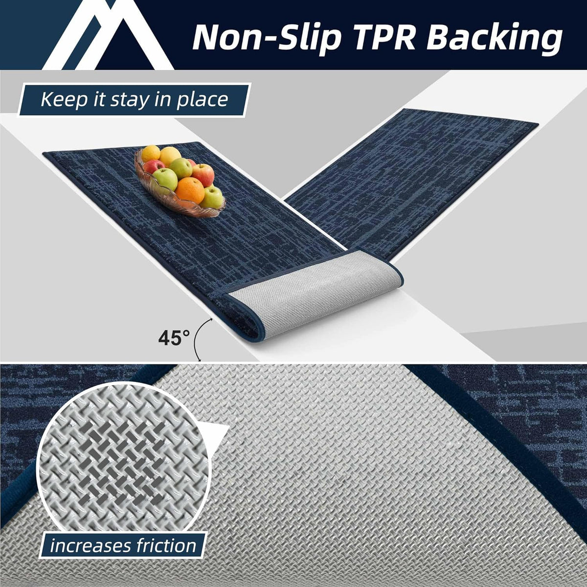 COSY HOMEER Kitchen Rugs 20"x32"+20"x48" Absorbent Soft Kitchen Mats for Floor Non Slip Kitchen Runner Rug Polyester Washable Kitchen Floor Mats for Sink Mat,Hallway,Laundry,Navy Blue