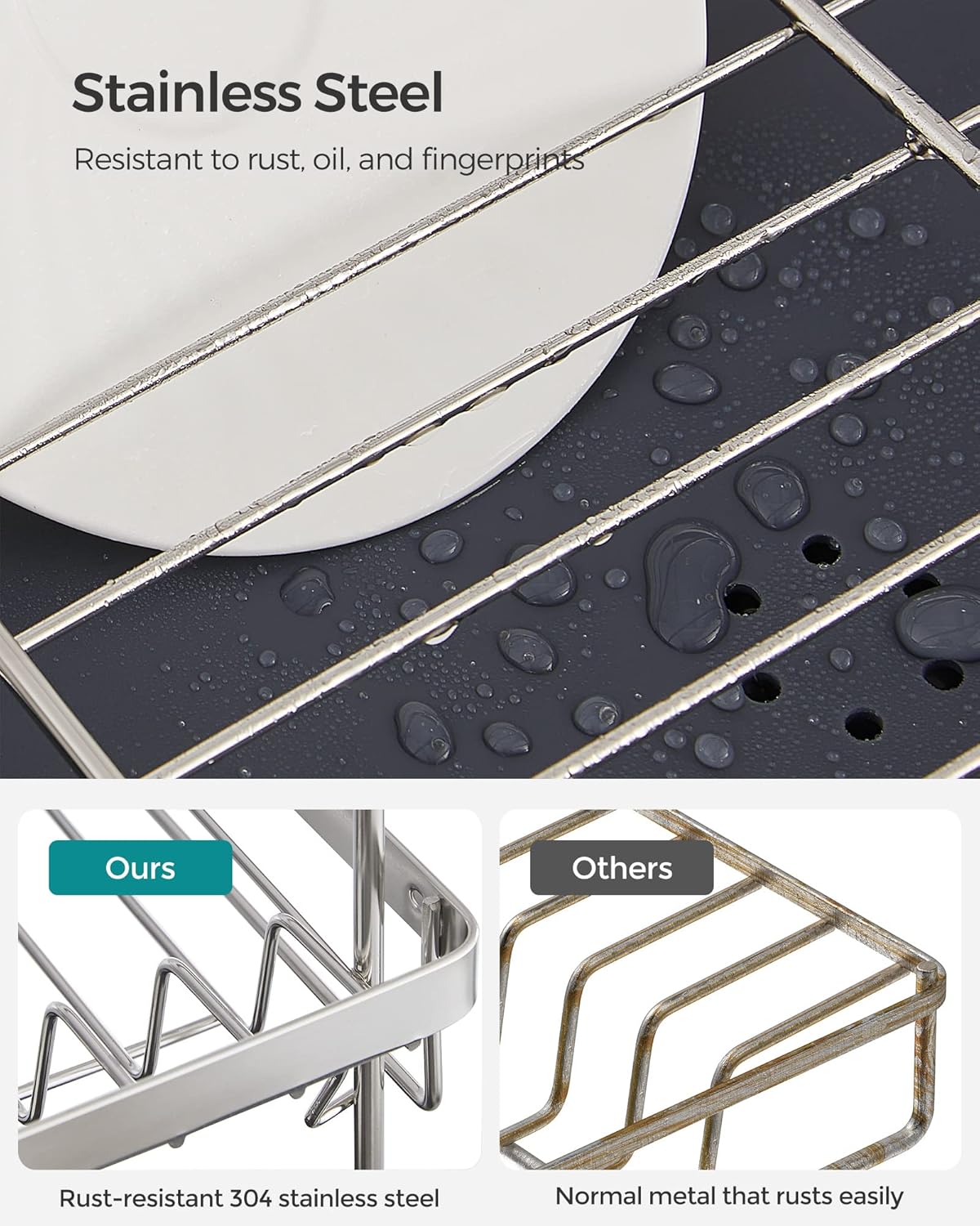 SONGMICS Dish Drying Rack - 2 Tier Dish Rack for Kitchen Counter with Rotatable and Extendable Drain Spout, Dish Drainer with Utensil, Cup, Glass, Cutting Board Holders, Silver and Gray UKCS032E01