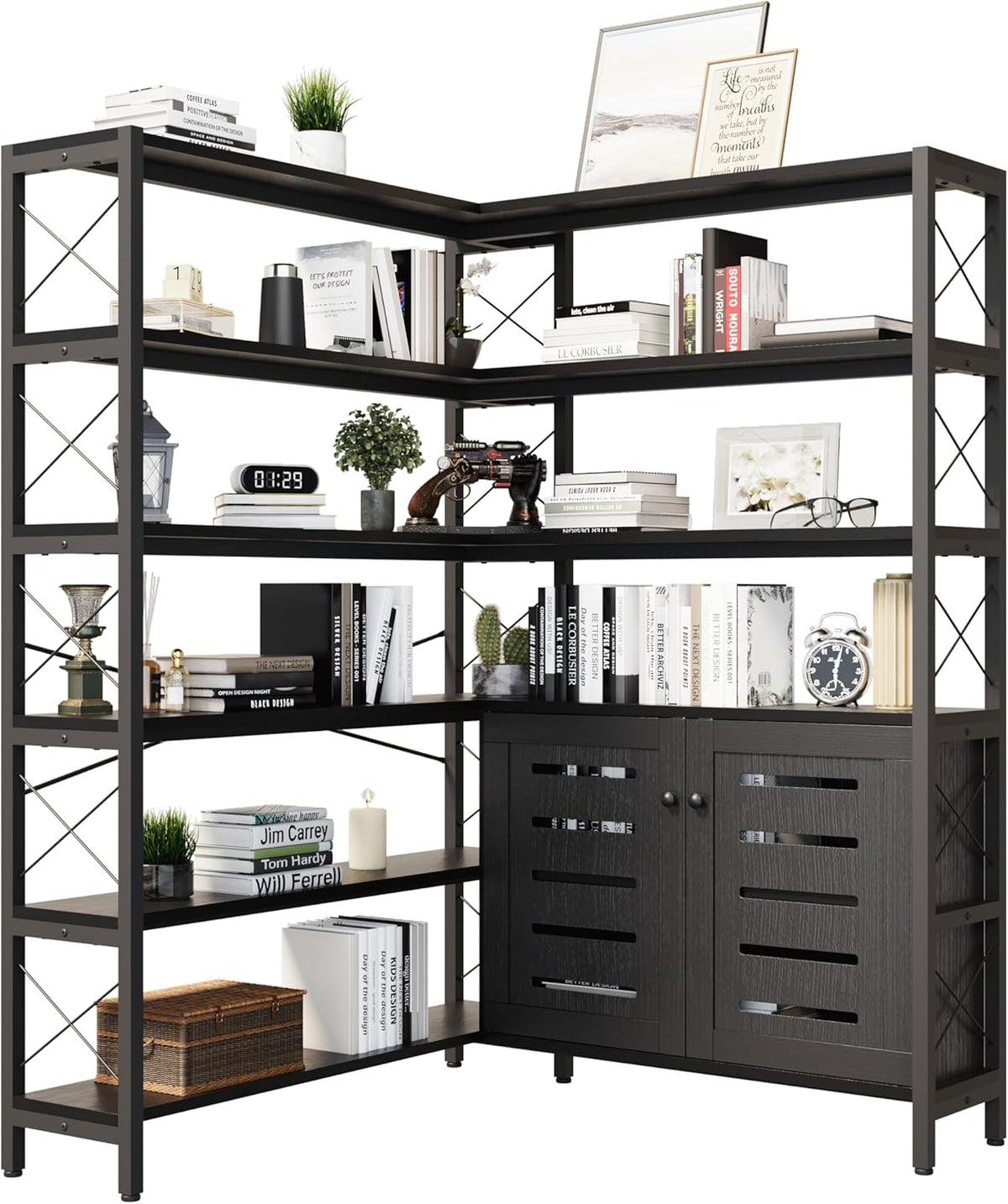 Corner Bookshelves and Bookcases Industrial Corner Etagere Bookcase L Shaped Shelf 6 Tiers with Metal Frame for Living Room Home Office