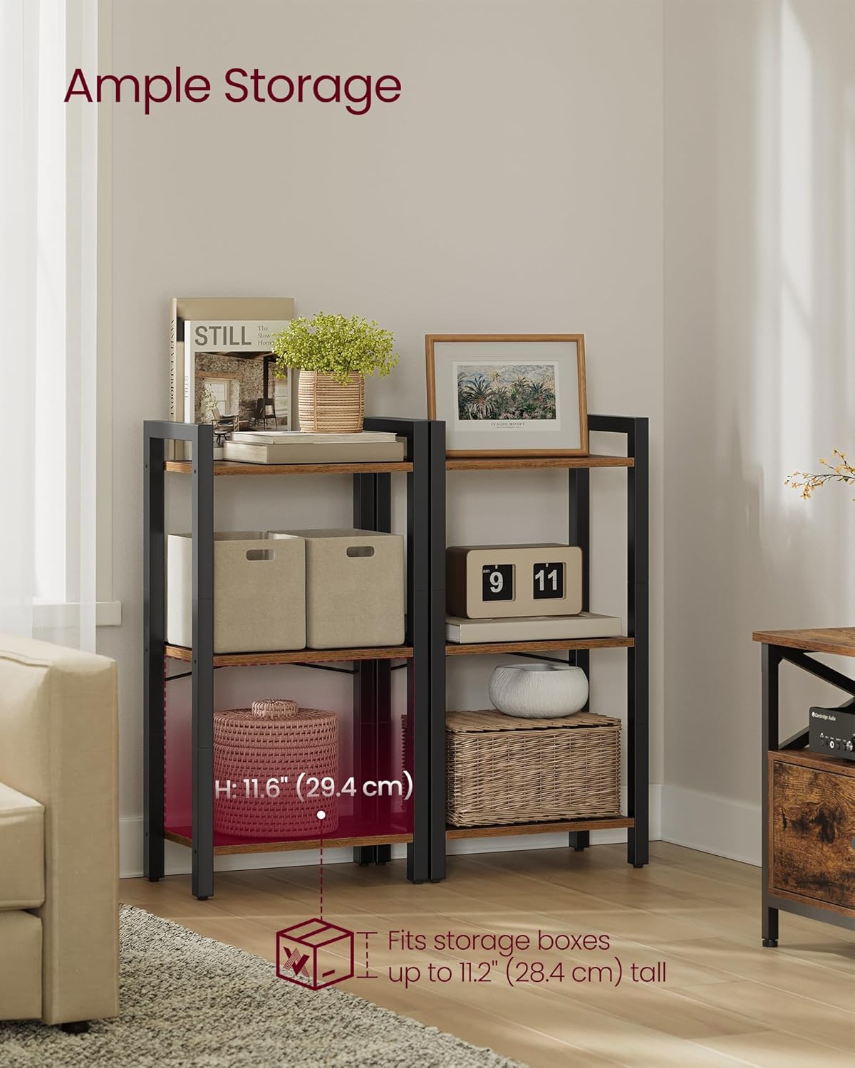 VASAGLE 3-Tier Bookshelf, Bookcase with Steel Frame, Book Shelf for Living Room, Home Office, Study, 9.4 x 15.7 x 30.1 Inches, Industrial Style, Rustic Brown and Ink Black ULLS098K02