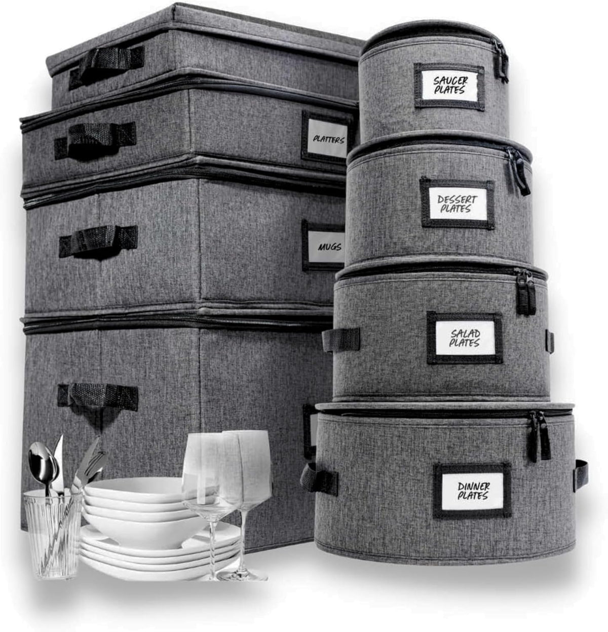 HOMELUX THEORY 8pcs Hard Shell China Storage Containers, Mug Storage, Wine Glass, Utensils, & Plate Storage Containers with Lid, Heavy Duty Dinnerware Storage for Packing Plates, Glassware & Cutlery