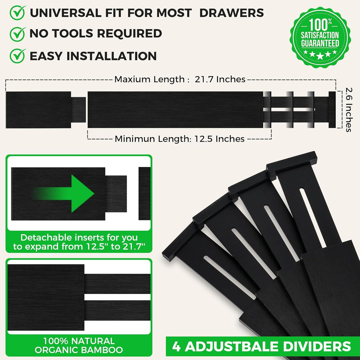 Bamboo Drawer Dividers Organizer with Inserts, Expandable from 12.5-21.7", Adjustable Drawer Organizer Separators for Utensils, Dresser, Bedroom, Bathroom, Closet, Clothing, Office (Black)