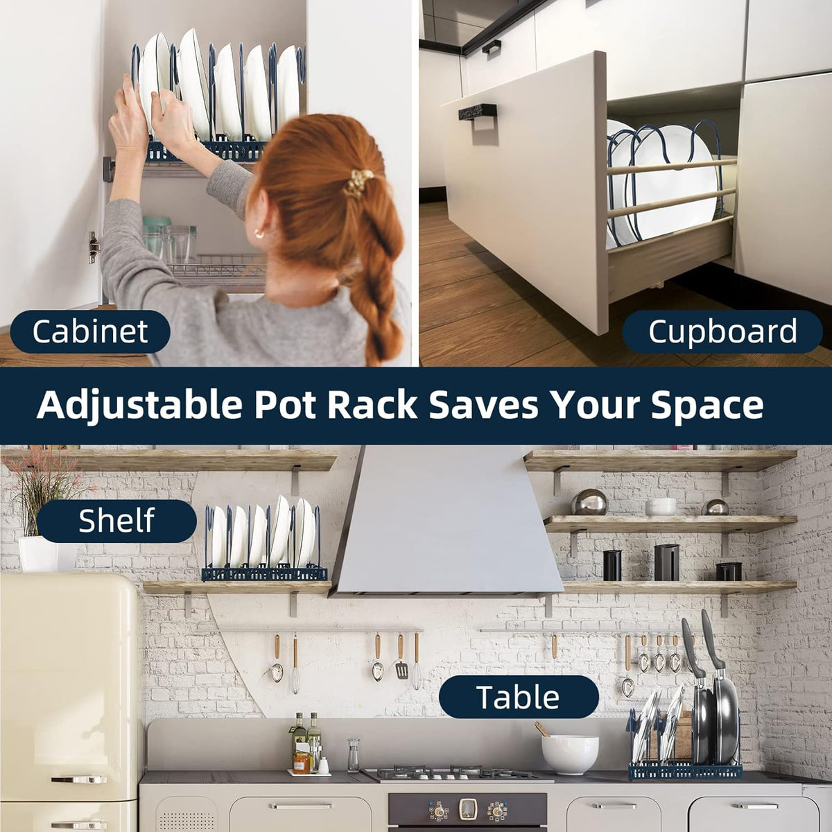 ROOHUA Expandable Pot and Pan Organizer - Cabinet Pot Lid Holder with 10 Adjustable Compartments for Cookware, Baking, Frying (Dark Blue, 10)