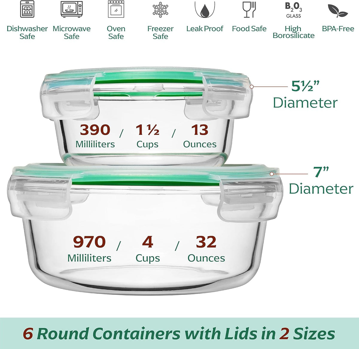 Fusion Gourmet Round Glass Storage Containers with Lids [6 pack] Microwave Safe, Leak-proof, Dishwasher Safe, Oven Safe for Meal Prep Tupperware Set (3 Large + 3 Small, Green)