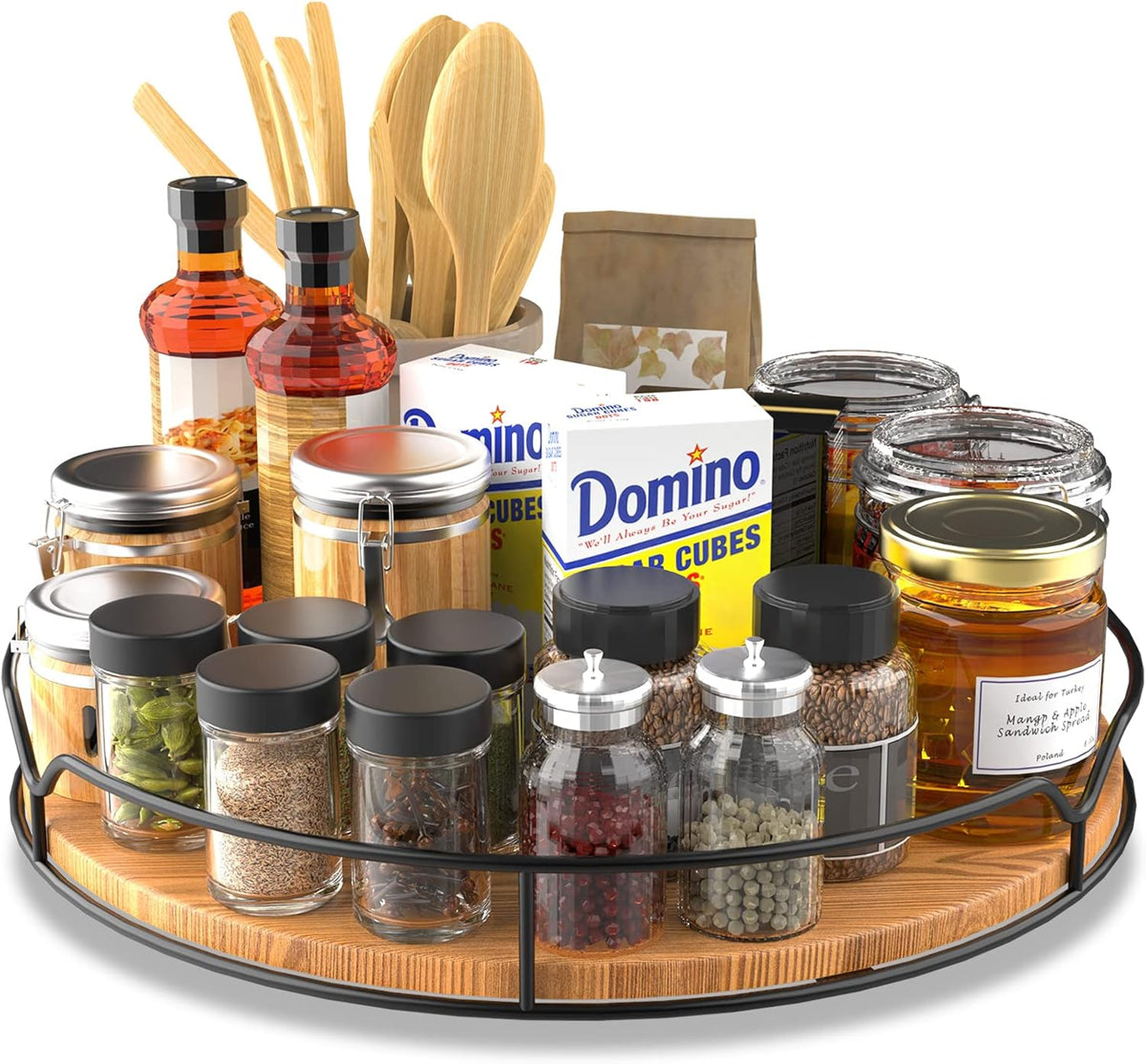 Lazy Susan Turntable Organizer with Anti-Slip Mat for Cabinet Pantry Kitchen Countertop Refrigerator Office, Pine Wood, 13", Carbonized Black
