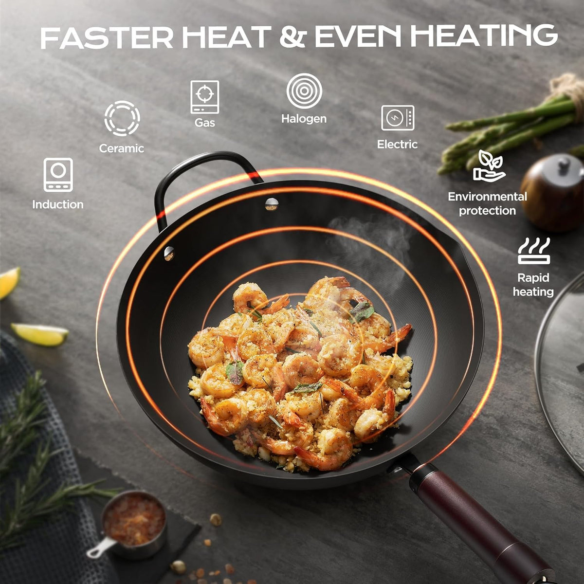 Wok, 13 Inch carbon steel woks & stir-fry pans nonstick, Pre-Seasoned 5.8QT Flat Bottom Chinese Wok Pan with lid, Carbon Steel Cookware, Compatible with All Cooktops
