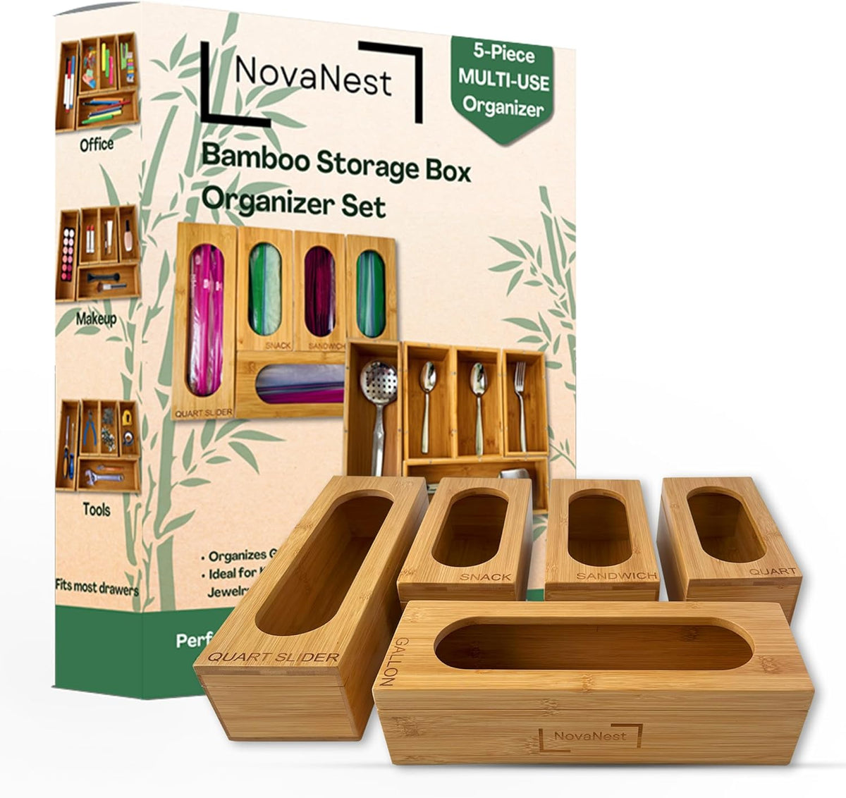 5PCS Bamboo Storage Bag Organizer Set, Multi-Use Baggie Organizers for Gallon, Quart, Sandwich, Snack Food Bags, Tea Bag, Silverware, Ideal for Kitchen, Office, Makeup, Bathroom, Utensil, Junk Drawer