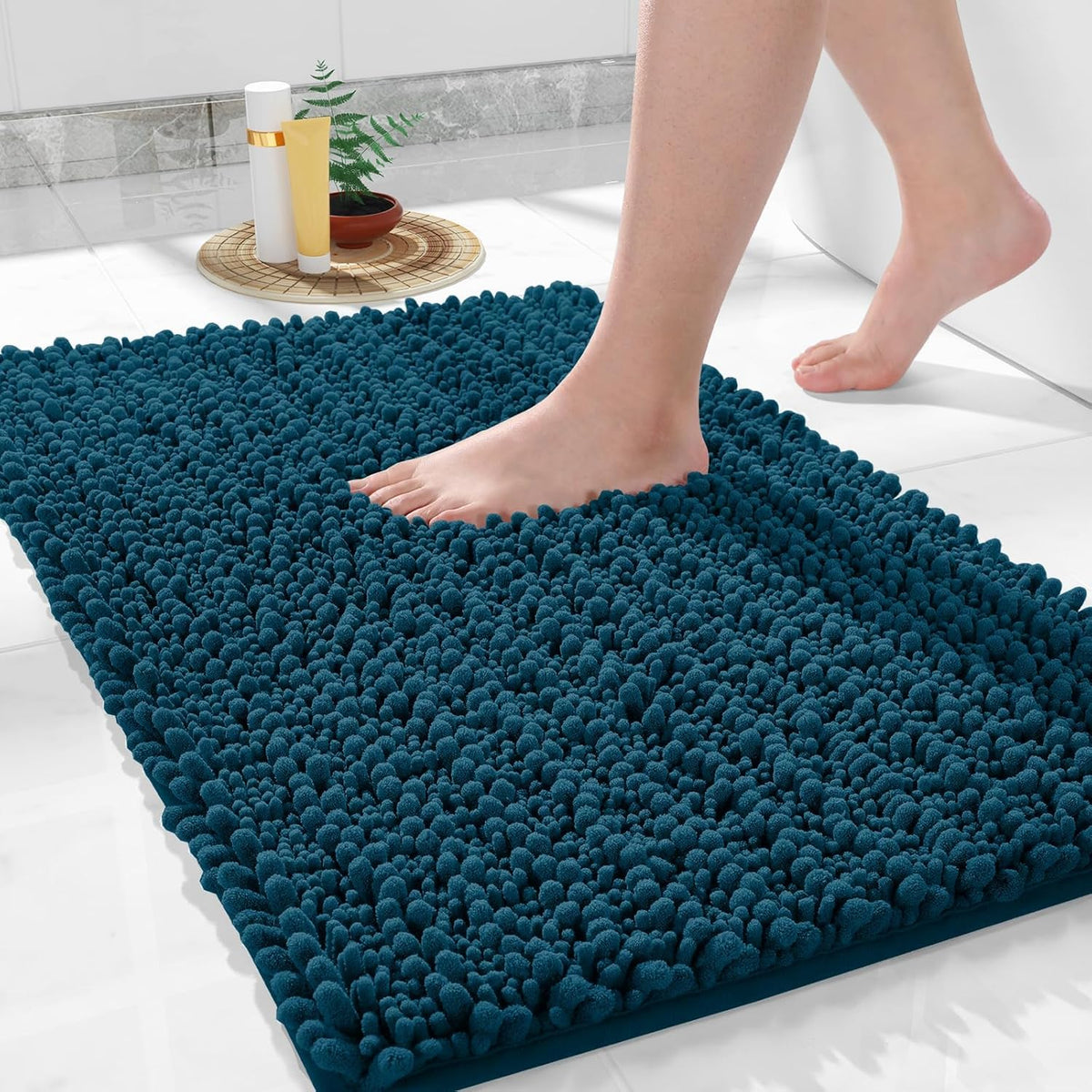 Yimobra Bathroom Rugs Non Slip Washable 24x17 Inch - Ultra Soft Absorbent Chenille Bath Mat, Quick Dry Shaggy Floor Carpet for Tub Shower, Peacock Blue Home Decor Accessories