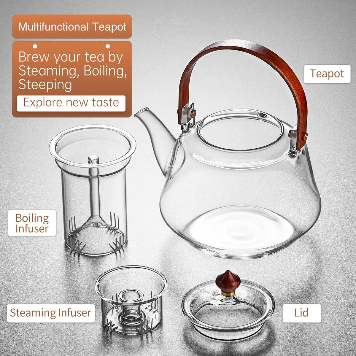 40oz Glass Teapot with Anti-Drip Spout, Peach Wood Handle and Lid, Heat-Resistant Borosilicate Glass, Dual Infusers for Steaming and Boiling