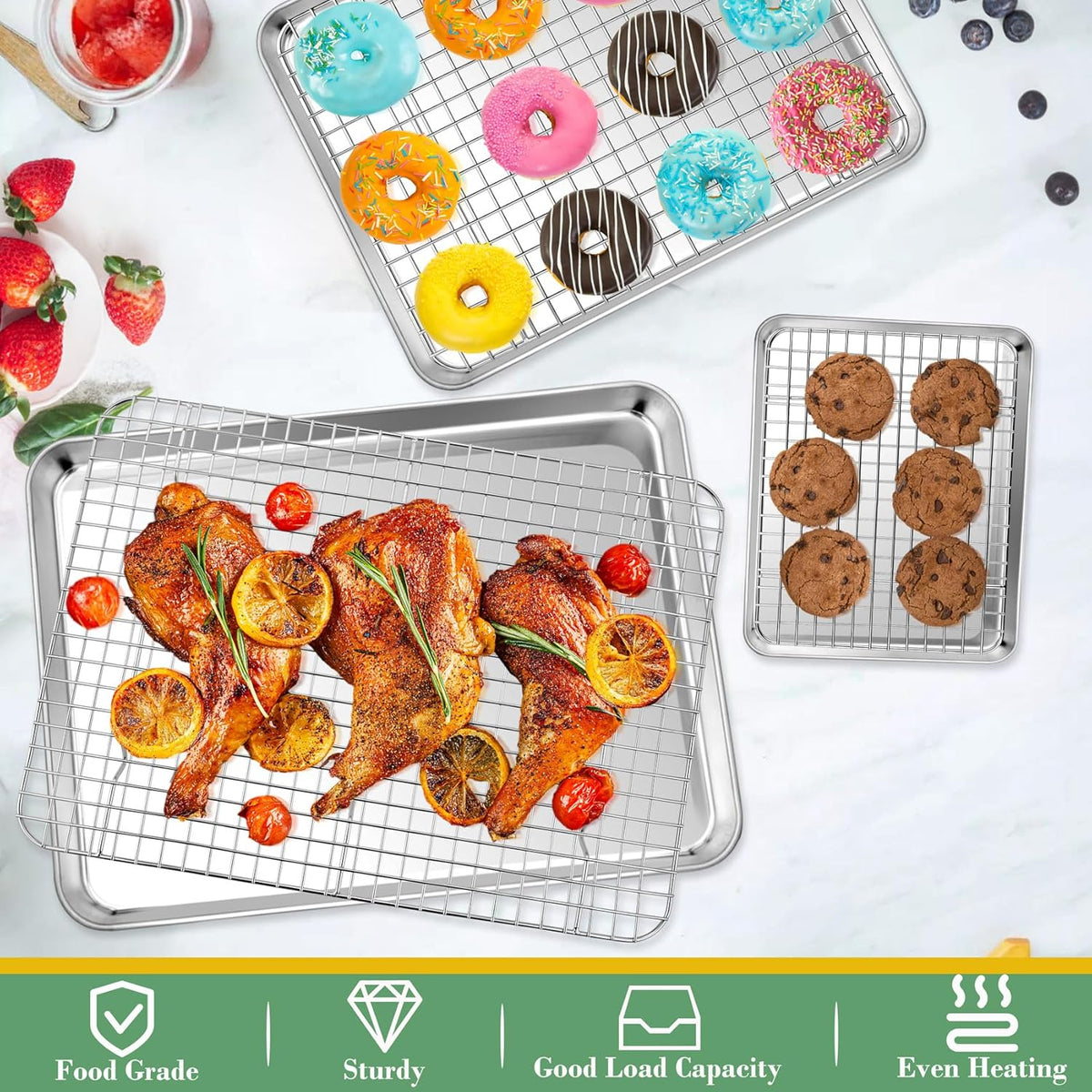 TeamFar Baking Sheet with Rack Set (3 Pans + 3 Racks), Stainless Steel Baking Pan Cookie Sheet with Cooling Rack, Non Toxic & Heavy Duty, Easy Clean & Dishwasher Safe