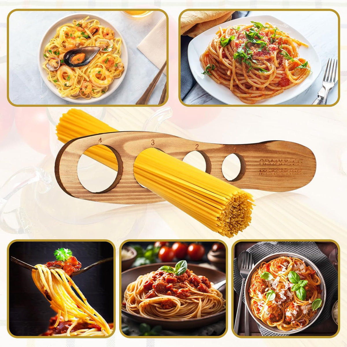 Wood Spaghetti Pasta Measurer Tool with 4 Serving Pasta Measuring Portion Control Gadgets Kitchen Accessories 4 Holes Quick Spaghetti portion Tool for Kitchen Cooking