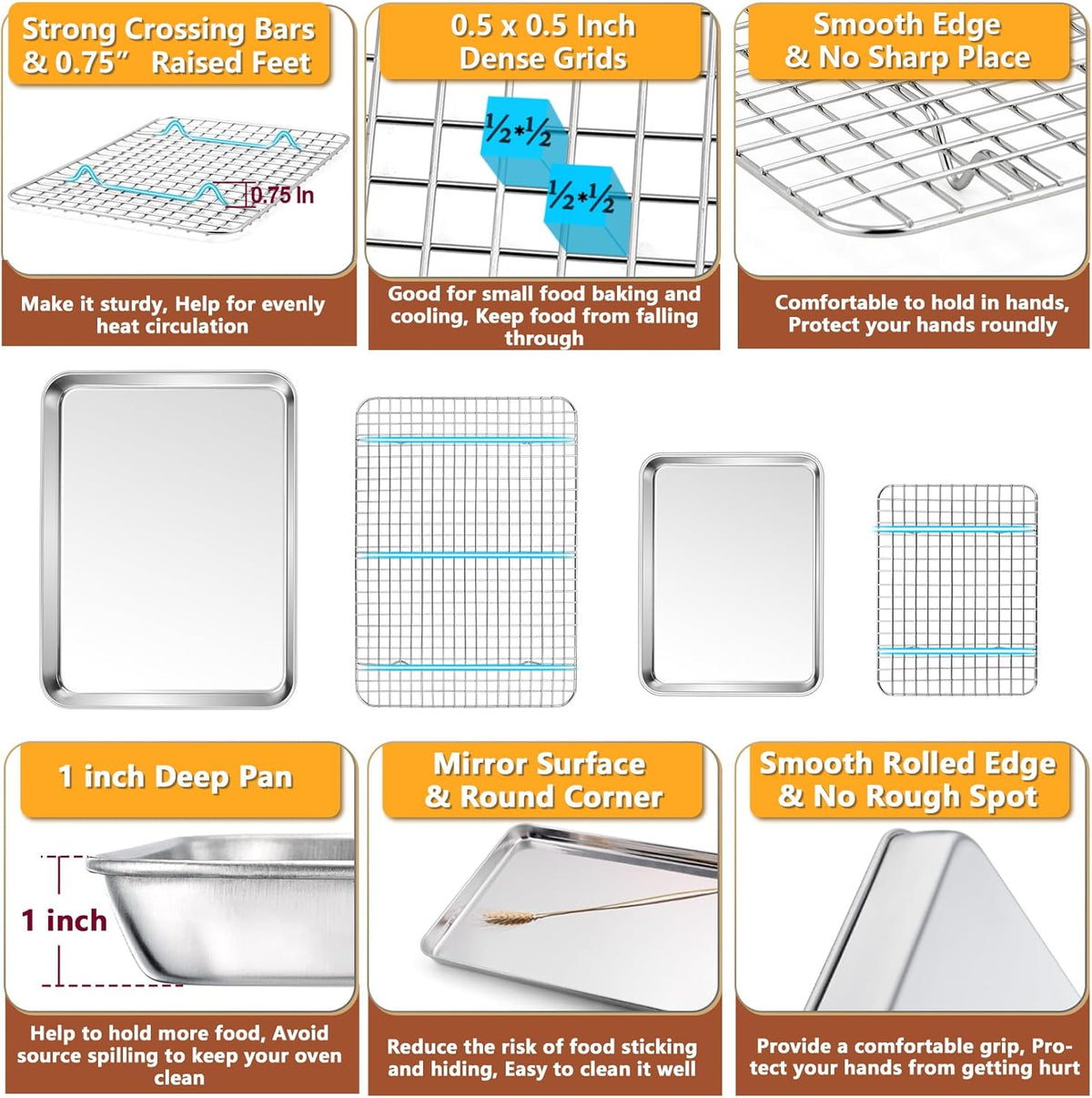 P&P CHEF 16 + 10.4 Inch Baking Sheet and Rack Set, Stainless Steel Cookie Sheets Oven Baking Pans Trays with Cooling Racks for Cooking & Roasting, Oven & Dishwasher Safe, (4Pcs)