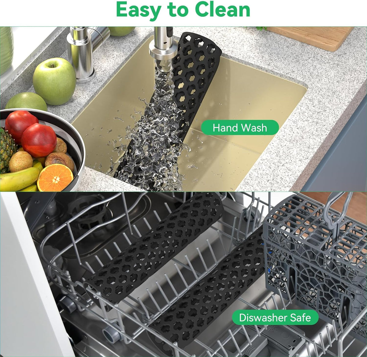 TOOVEM Kitchen Sink Mats, 2PCS Non-Slip Heat Resistant Silicone Sink Protector Mat, Folding Farmhouse Sink Mats, Center Drain, Black