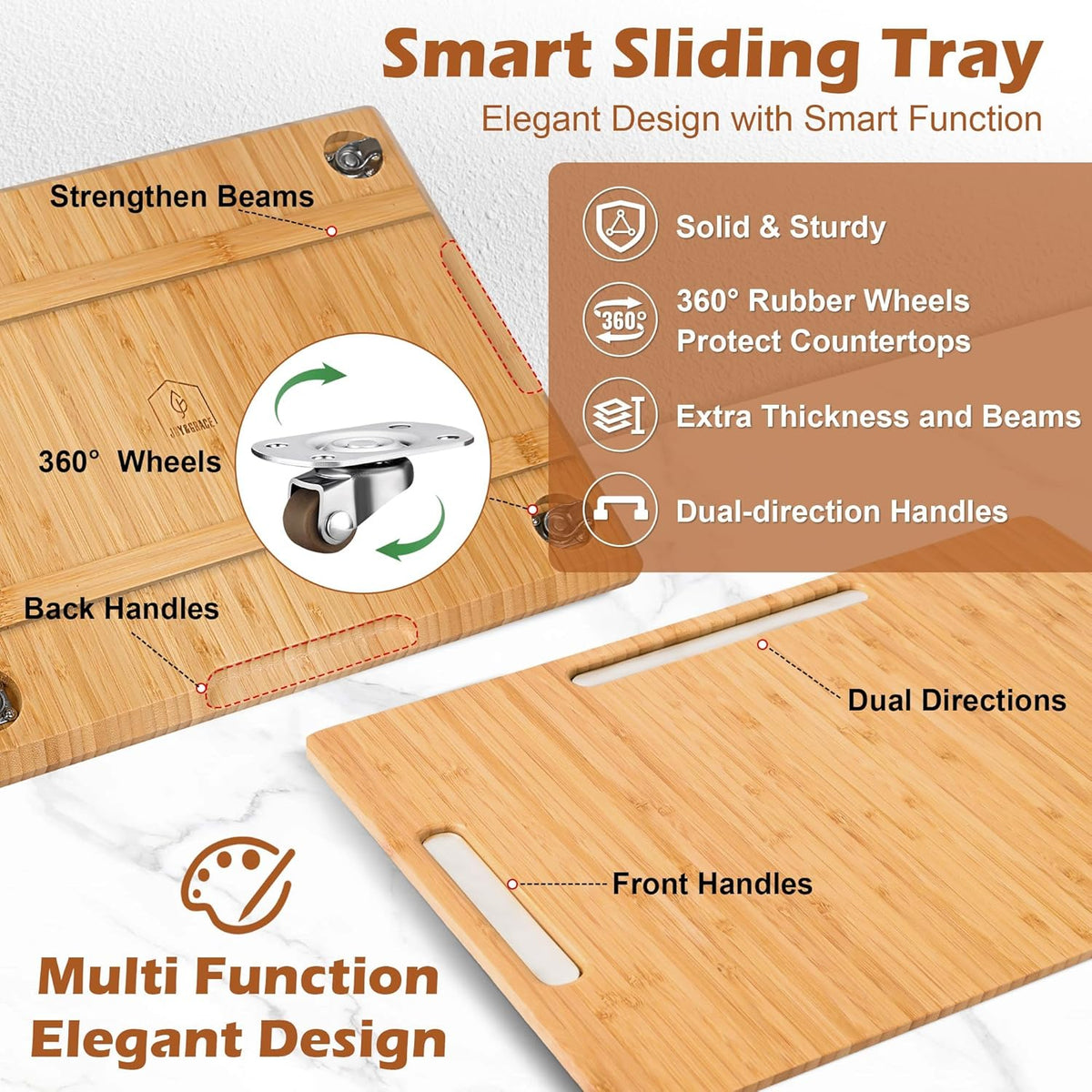 Joy&Grace Appliance Slider for Kitchen Appliances 360° Rolling Sliding Tray for Coffee Maker Countertop, Bamboo Coffee Pot Slider Rolling Tray (Natural, Large 16"x13")