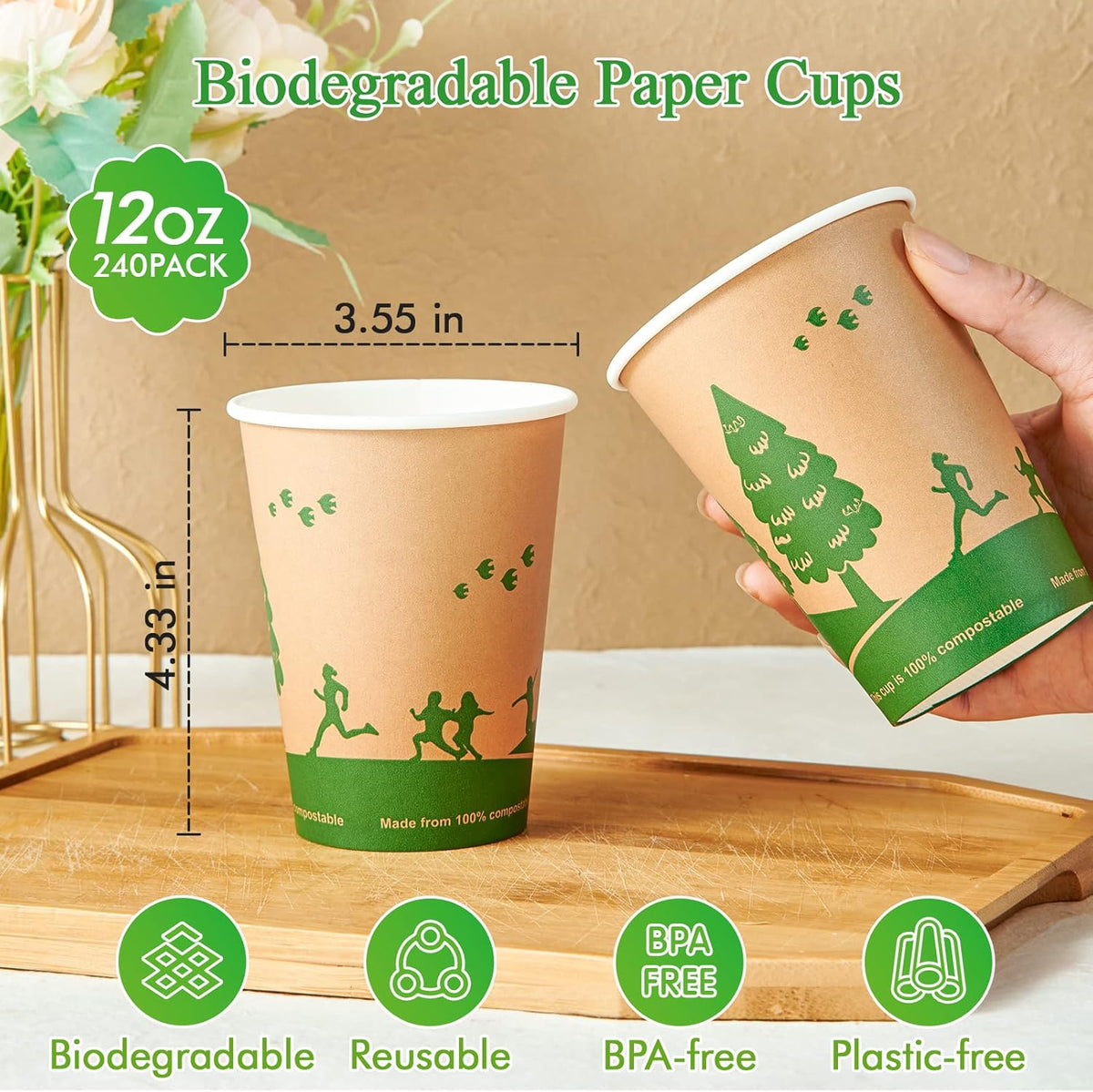 ECOLipak 240 Count 12 oz Compostable Paper Cups, Biodegradable Disposable Paper Coffee Cups with PLA Lined, Eco-friendly Hot Paper Cups for Party, Picnic,Travel,and Events