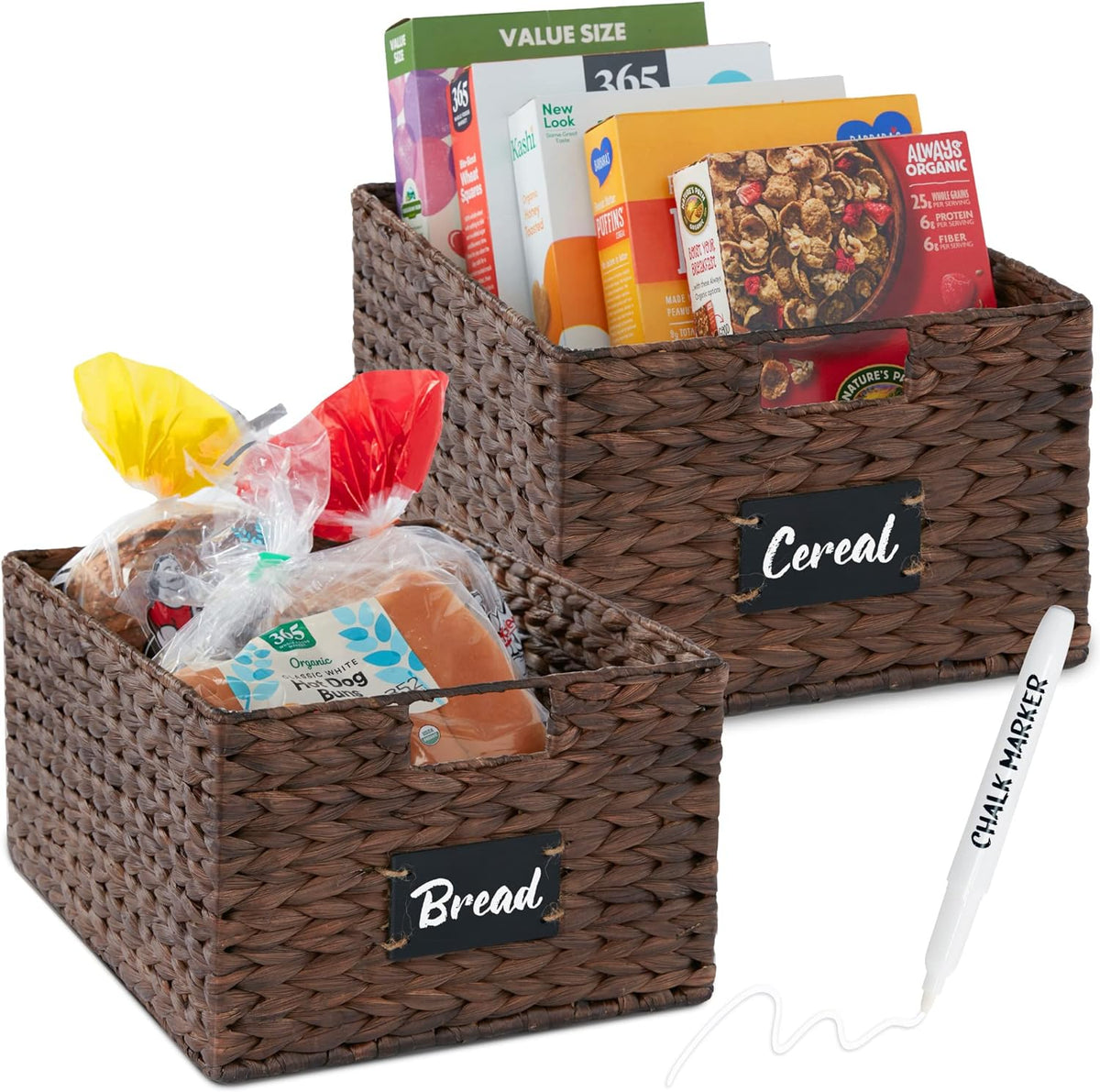 Best Choice Products Pantry Baskets Set of 2 16x12in Water Hyacinth Storage Baskets, Woven Wicker Organizers with handles w/Chalkboard Label Chalk Marker - Brown