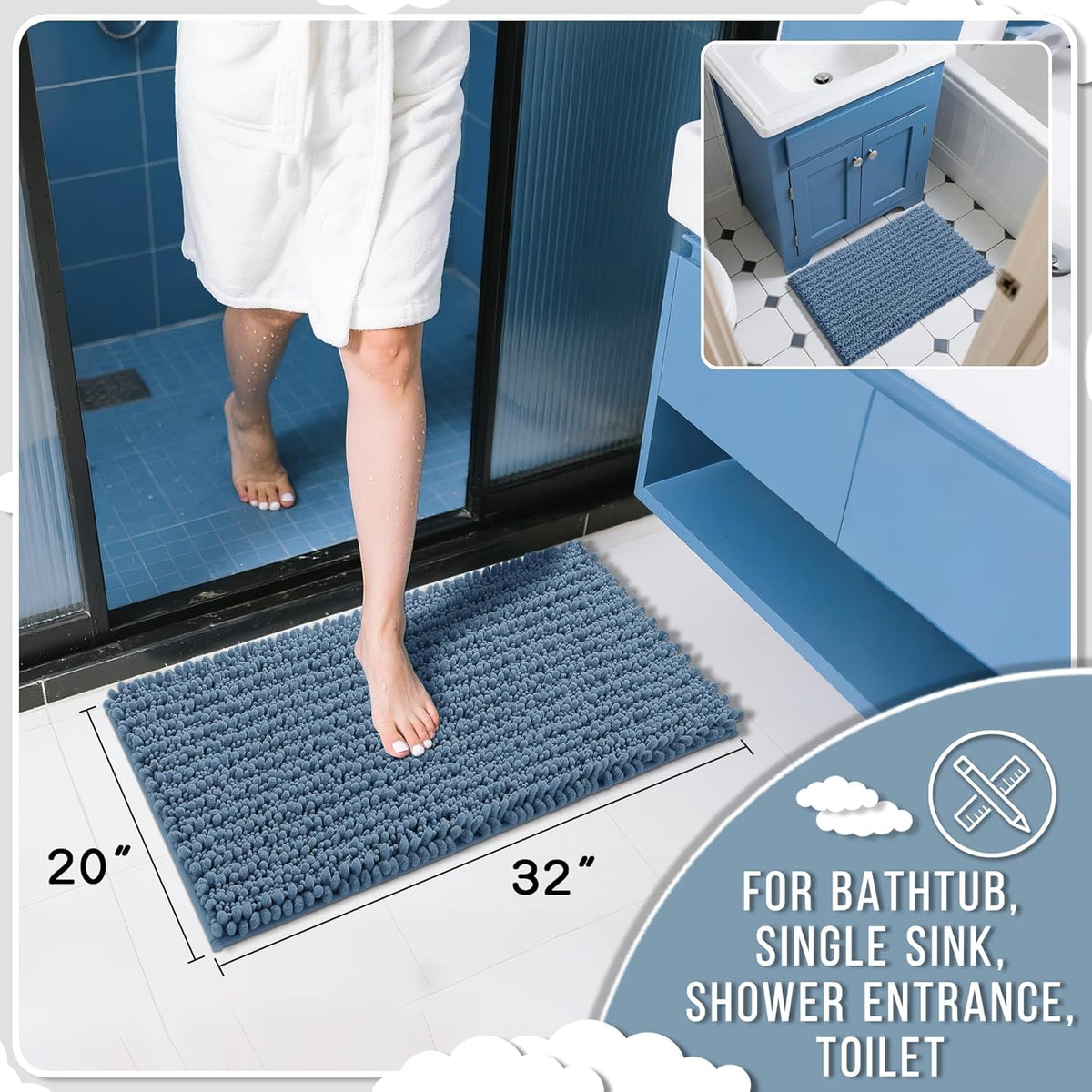 Yimobra Bathroom Rugs Non Slip Washable 32x20 Inch - Ultra Soft Absorbent Chenille Bath Mat, Quick Dry Shaggy Floor Carpet for Tub Shower, Denim Blue Home Decor Accessories