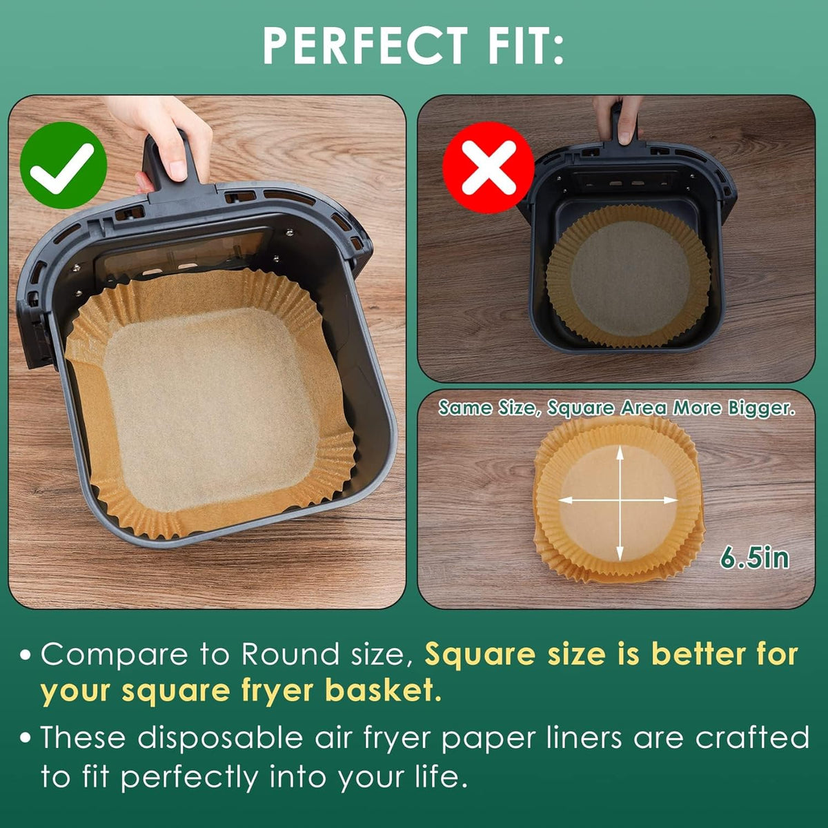 Air Fryer Paper Liners: 125Pcs Parchment Paper, Air Fryer Liner Disposable, Oilproof Waterproof Airfryer Basket Liner Square (6.5inch)