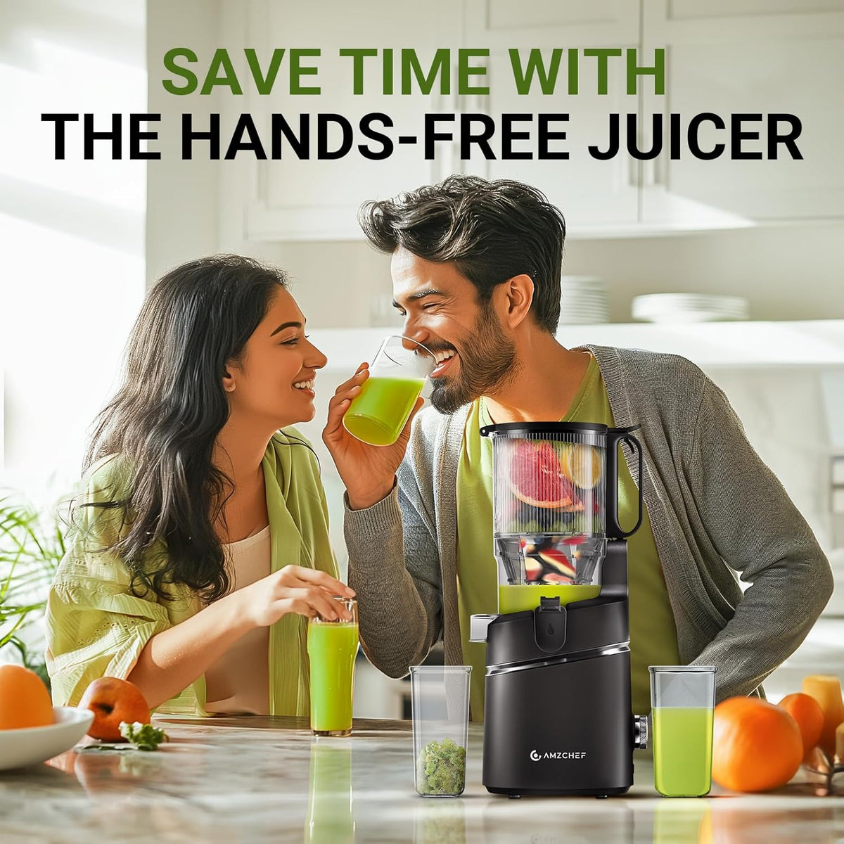 AMZCHEF Juicer Machines, 5.8" Extra Self-Feeding Cold Press Juicer for Whole Vegetable & Fruit, Juice Extractor Machine with Large Auger & Triple Strainers, Easy to Clean, High Juice Yield, Black