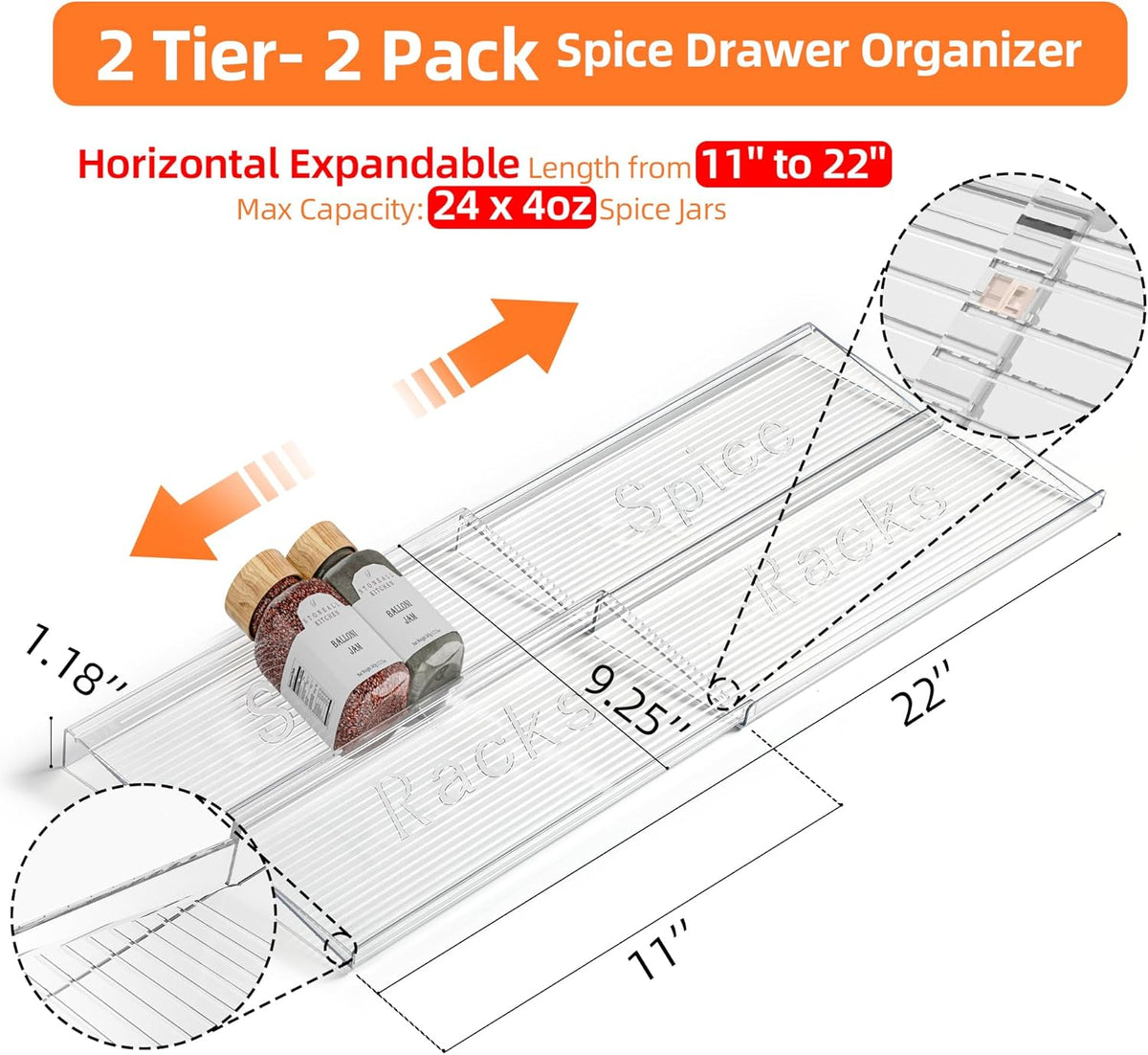 Spice Drawer Organizer, 2 Tier- 2 Pack Clear Acrylic Drawer Seasoning Organizer, Expandable From 11'' to 22'' Kitchen Spice Rack Organizers and Storage for Drawer (Jars not included)