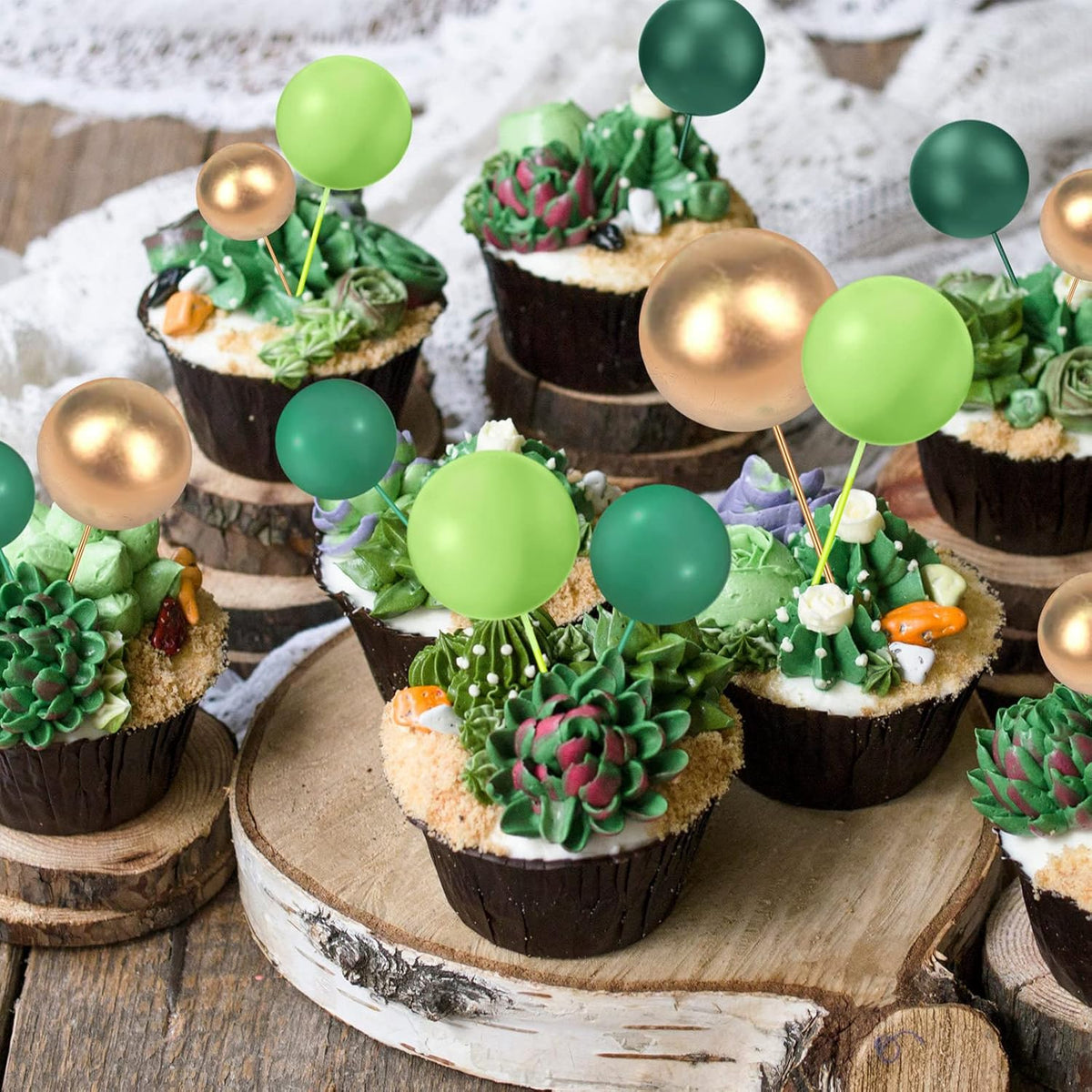 108 Pcs Balls Cake Topper DIY Cupcake Insert Foam Balloons for Cake Baking Wedding Anniversary Birthday Decoration(Assorted Green, Gold,Multi Sizes)