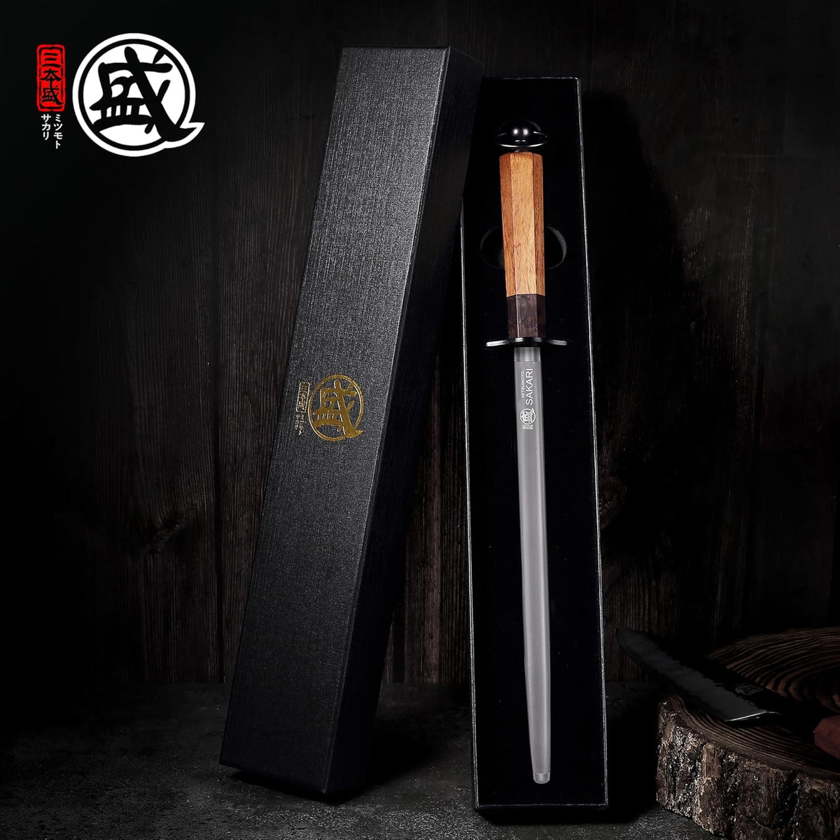MITSUMOTO SAKARI 12 Inch Round Honing Rod, Japanese High Carbon Honing Steel (Sourwood Handle)