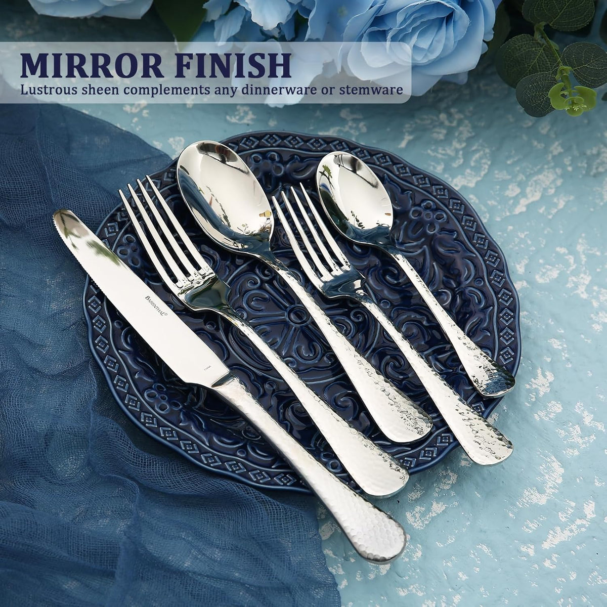 Flatware Set for 4, Barenthal Heavy Duty Silverware Set 20 Piece, Mirror Finish, Dishwasher Safe, Hammered Premium 18/10 Stainless Steel Cutlery Set for Home Restaurant Wedding Party, Gift