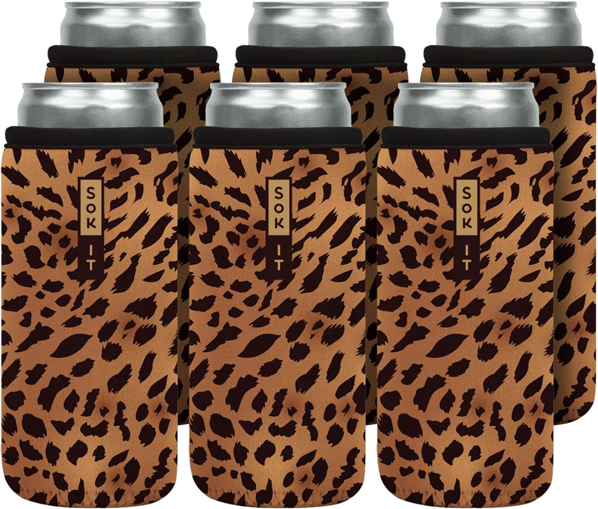 Sok It CanSok 6 Pack Sleeve for Beer & Soda Insulated Neoprene Cover (Classic Leopard, 12oz Slim Can Sleeve - 6 Pack)