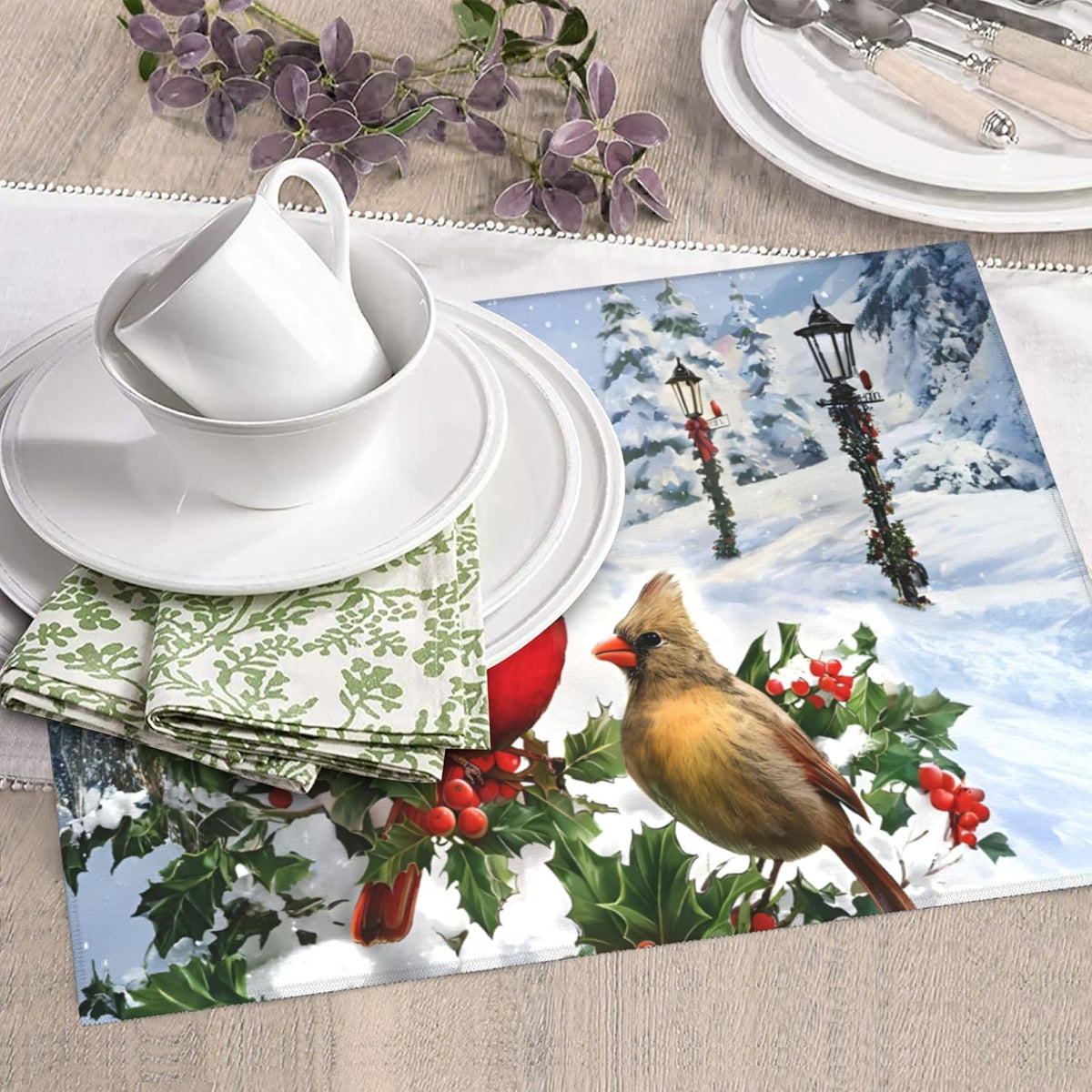 Winter Cardinal Birds Dish Drying Mat for Kitchen Counter Washable Dish Drying Racks Absorbent Reversible Microfiber Dishes Drying Pad Christmas Kitchen Accessories or Decor 16"x18"