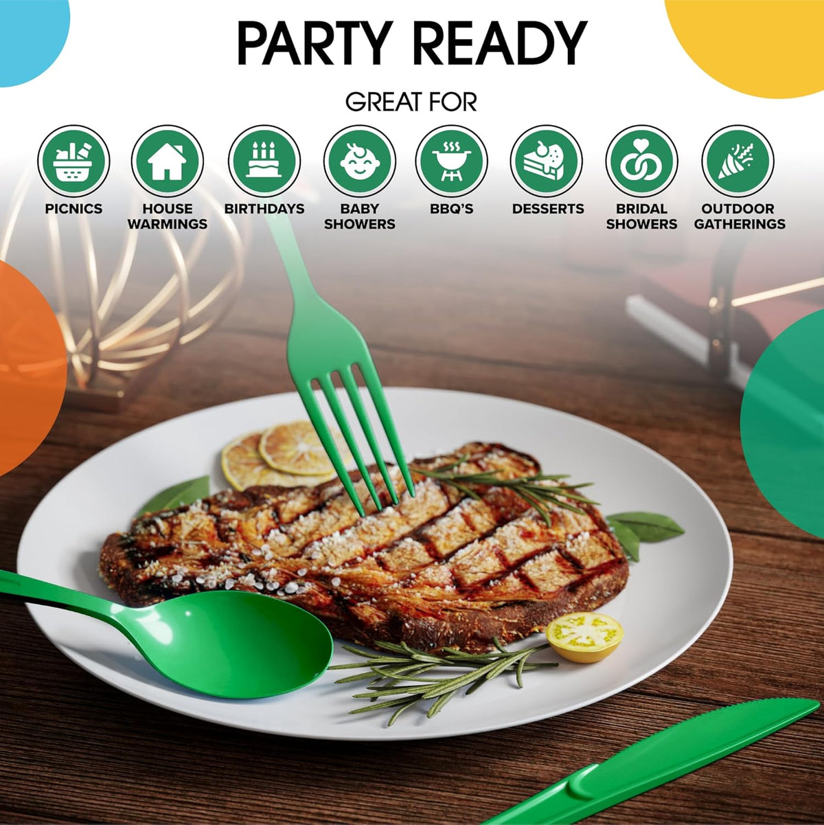 Party Solids Disposable Emerald Green Plastic Spoons 200 Pcs - Heavy Duty Modern Plastic Disposable Cutlery
