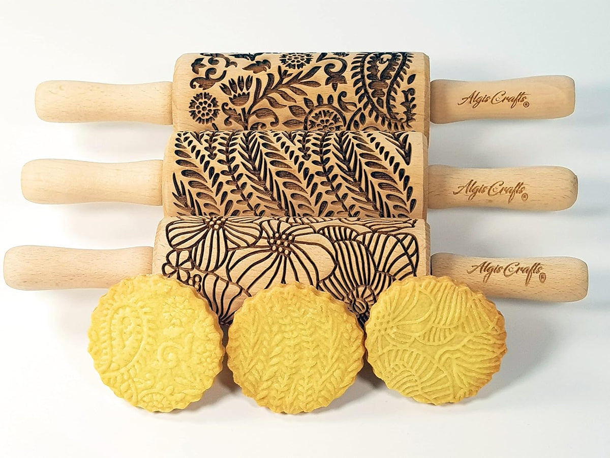 FLORAL 3 Small Textured Rolling Pin Set. Wooden laser engraved embossing dough roller for embossed cookies gift for Birthday, Easter by Algis Crafts