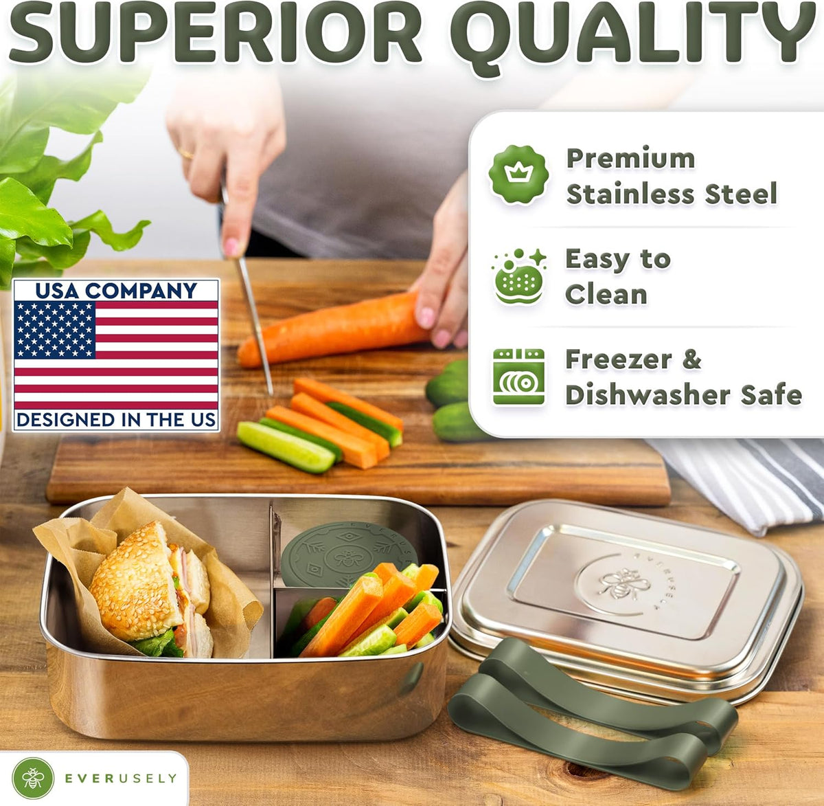 Everusely - Bento Box - Sage, 60oz / 1.8 L - Stainless Steel Lunch Box with Leakproof Condiment Container - 3 Compartment Snack Organizer for On the Go Meals - Freezer & Dishwasher Safe