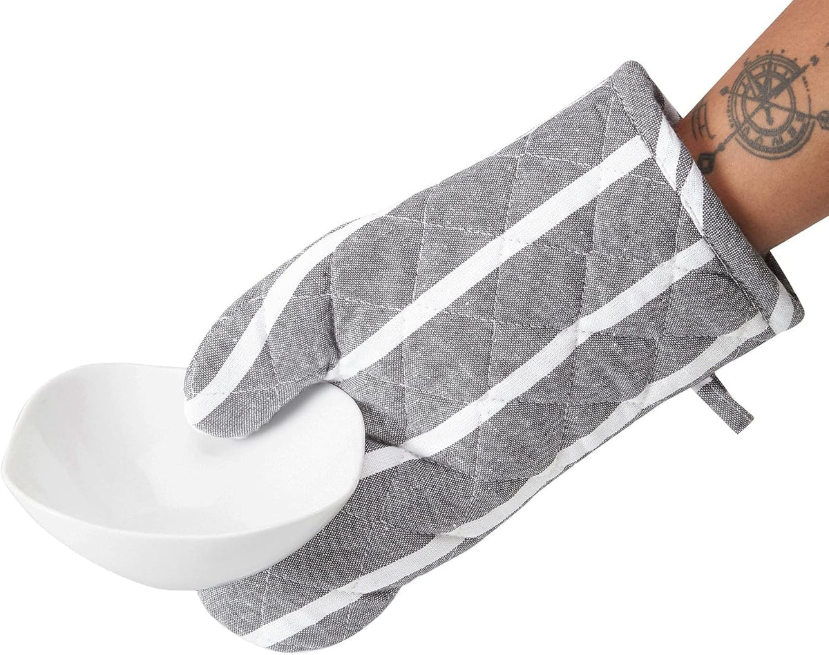 Encasa XO Long 12"x7" Oven Microwave Hand Gloves Mitts (2 pc Set) for Kitchen Cooking & Baking - Heat Resistant, Thick & Safe, Protection of Hands from Hot Utensils - Roma Grey Stripes