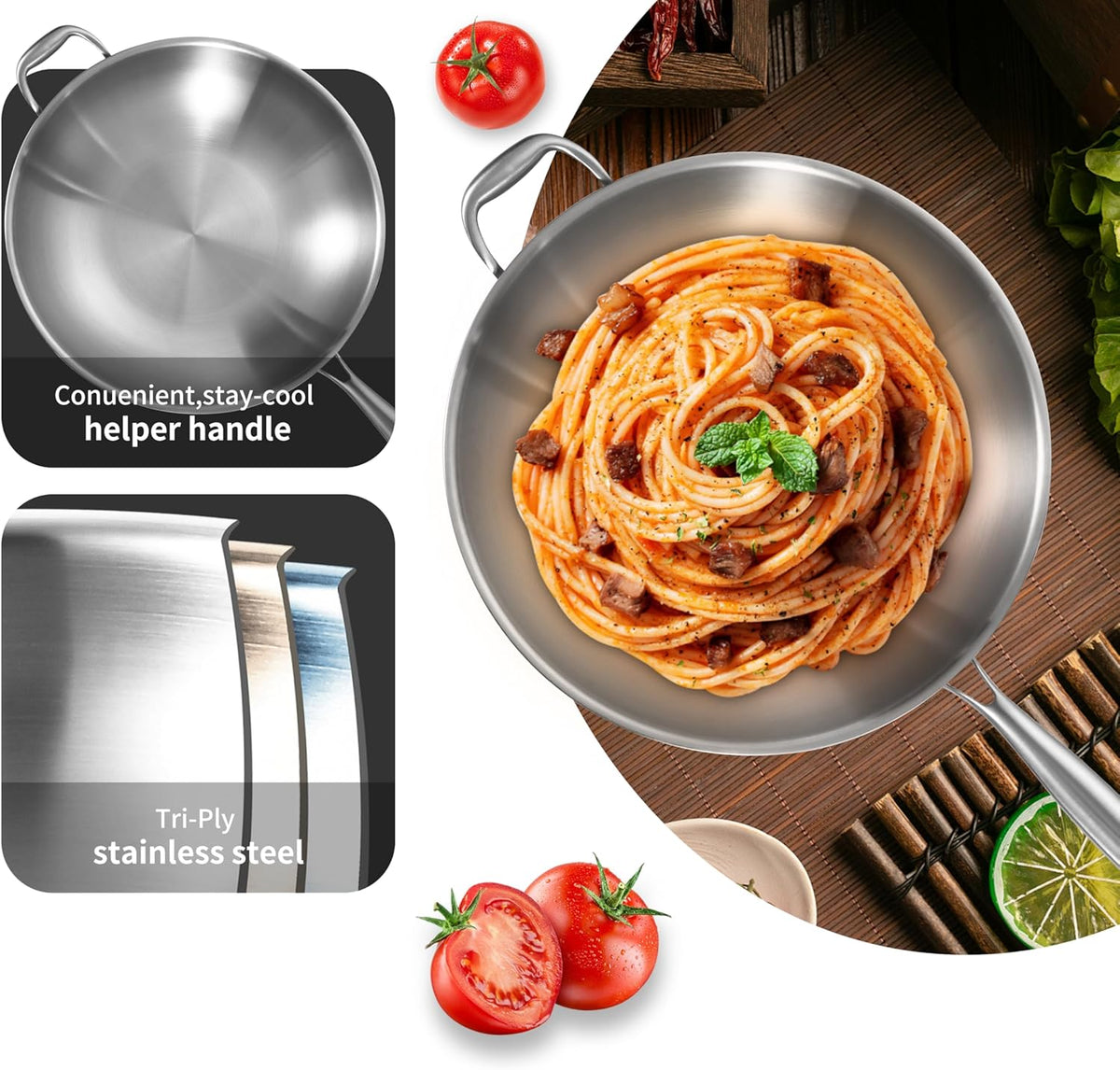 LOLYKITCH Tri-Ply 14.5 Inch Stainless Steel Wok Pan with Steel Lid, Stir-Fry Pan,Induction Cooking Pan,Dishwasher and Oven Safe