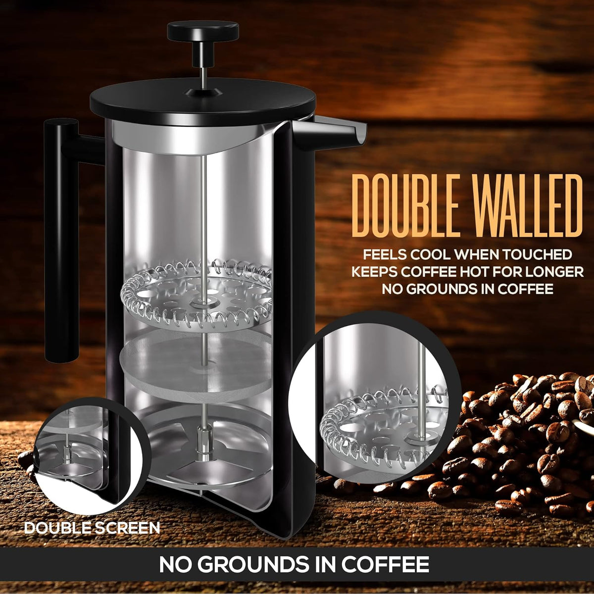 Utopia Kitchen Stainless Steel French Press Coffee Maker 12 Oz, French Press Tea Maker, Cold Brew Portable Travel Coffee Presses, Tea Press Gifts Black