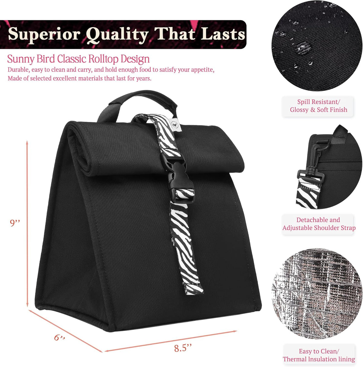 SUNNY BIRD Insulated Lunch Bag Rolltop Lunch Box Tote Bag for Women, Men, Adults and Teens (Black with white strap)
