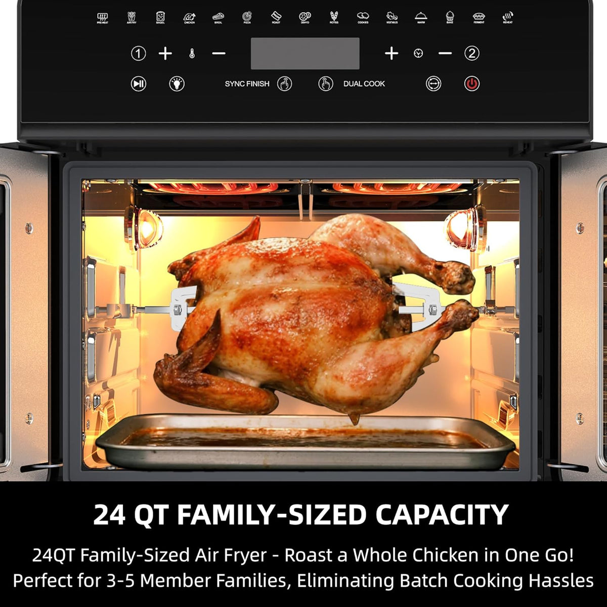 Air Fryer Toaster Oven Combo, 24 QT Fench Door Countertop Toaster Oven, 360 Degree Air Flow, 15 Cooking Functions, Digital Controls, 13 Accessories Included, Stainless Steel Finish