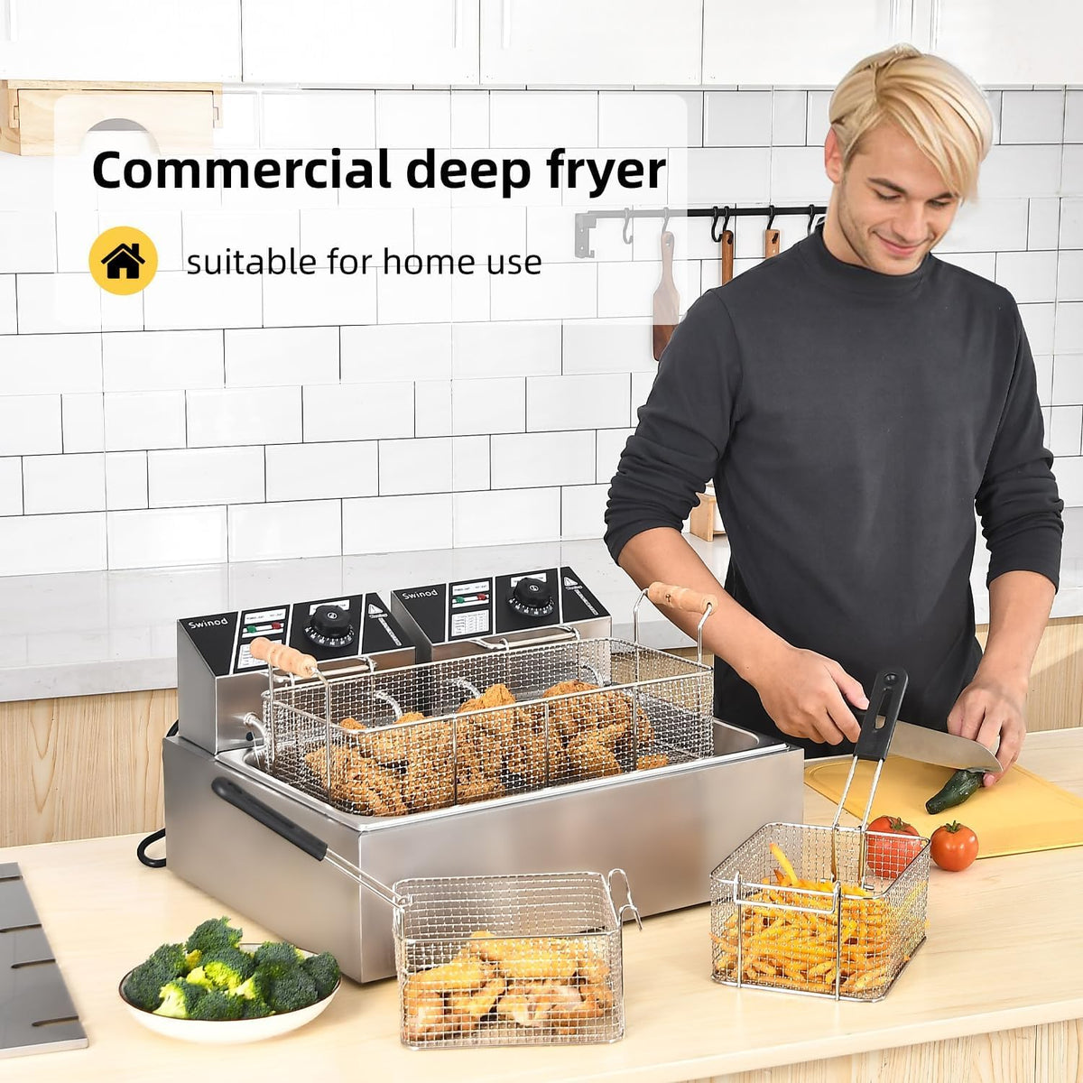 Commercial Deep Fryer with Basket for Restaurant or Home Use, 3400W 12.7QT Detachable Large Capacity Stainless Steel Countertop Electric Oil Fryer with Temperature Control