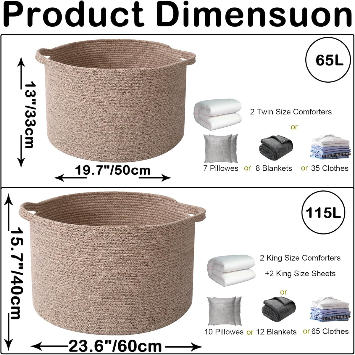 Large Blanket Basket for Organizing,65L Closet Organizers and Storage Bins Box for Shelves Woven Rope Storage Baskets,Living Room,Bedroom,Dorm,Laundry room (Brown)