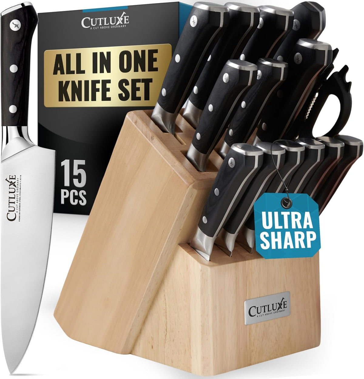 Cutluxe 15-Piece Knife Set – Premium Rubberwood Wood Block – Knife Set for Kitchen, Ultra Sharp High Carbon German Stainless Steel, Full Tang – Artisan Series