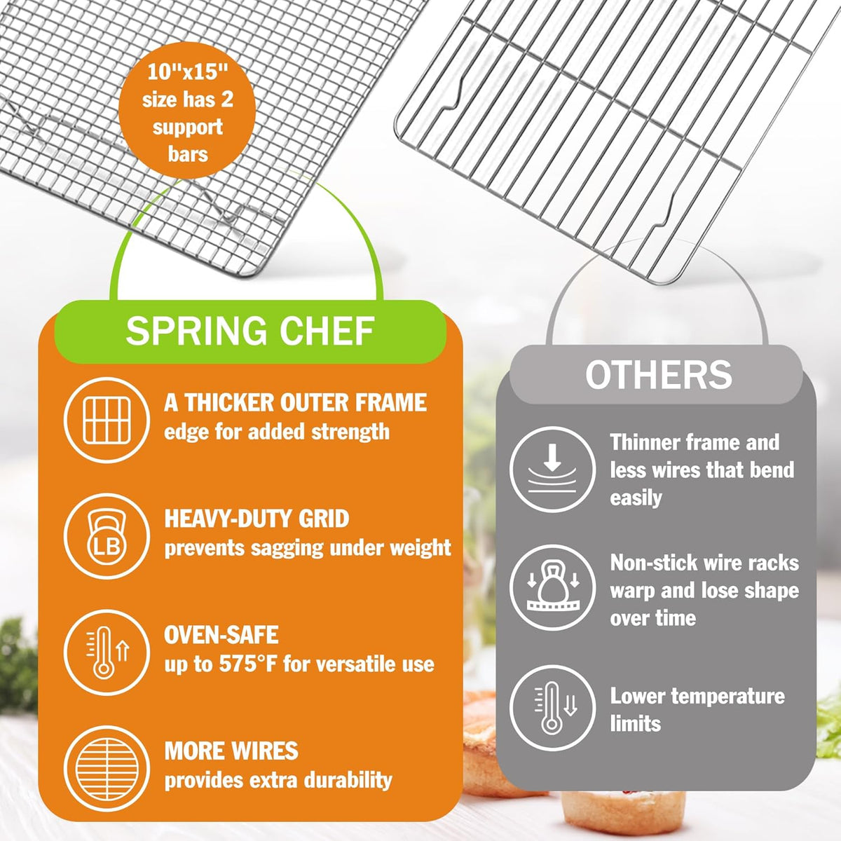Spring Chef 10 x 15 Inch Stainless Steel Cooling Rack for Cooking & Baking - Heavy Duty Cookie Cooling Rack for Kitchen - Oven Safe - Fits Jelly Roll Pan - Dishwasher Safe