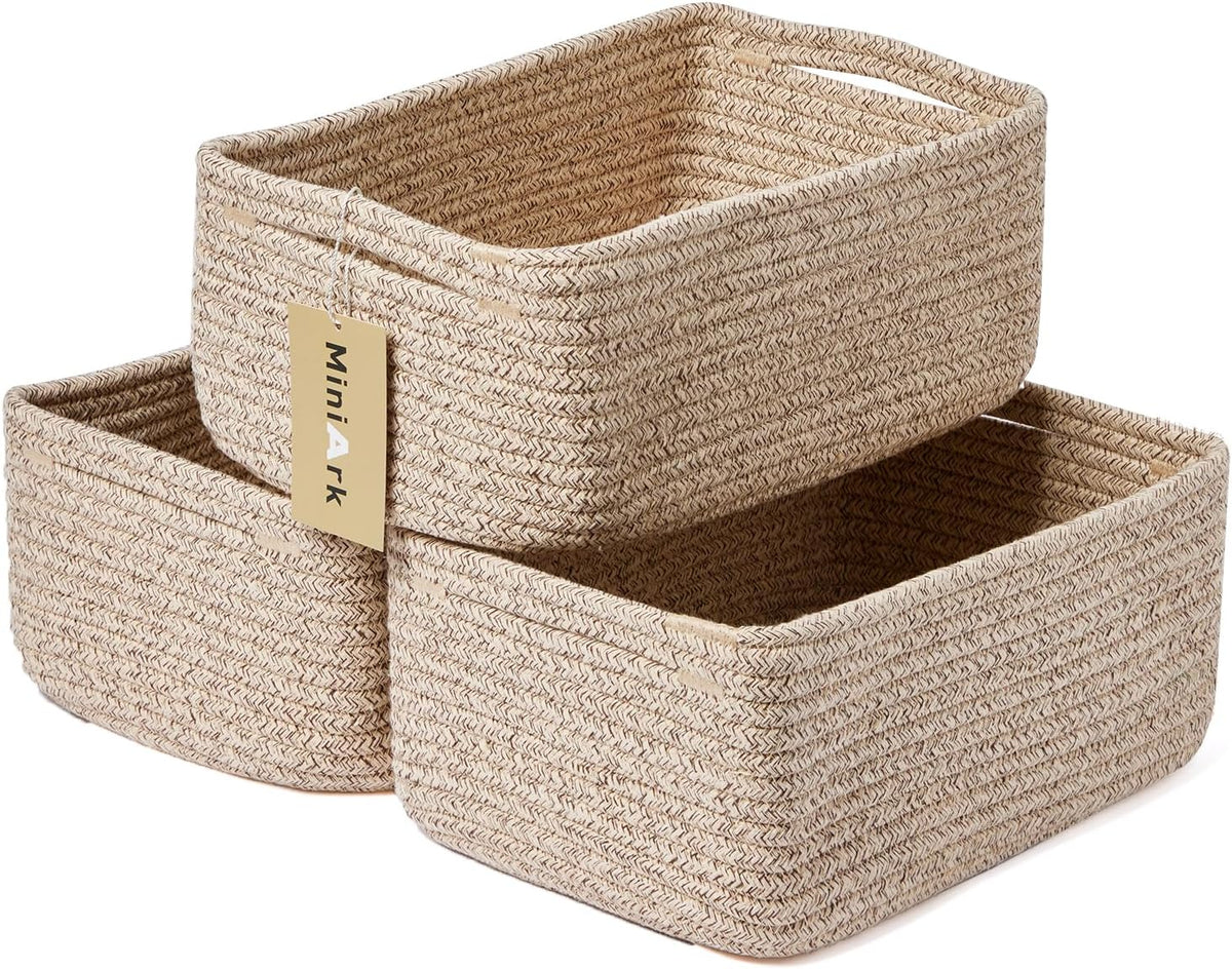 Small Storage Baskets for Organizing | Closet Organizer Bins | Shelf Toy Basket | Woven Rope Baskets | Cube Decorative Box | Shallow Basket | 13x8.5x5.1” | 3 Packs Mixed Brown