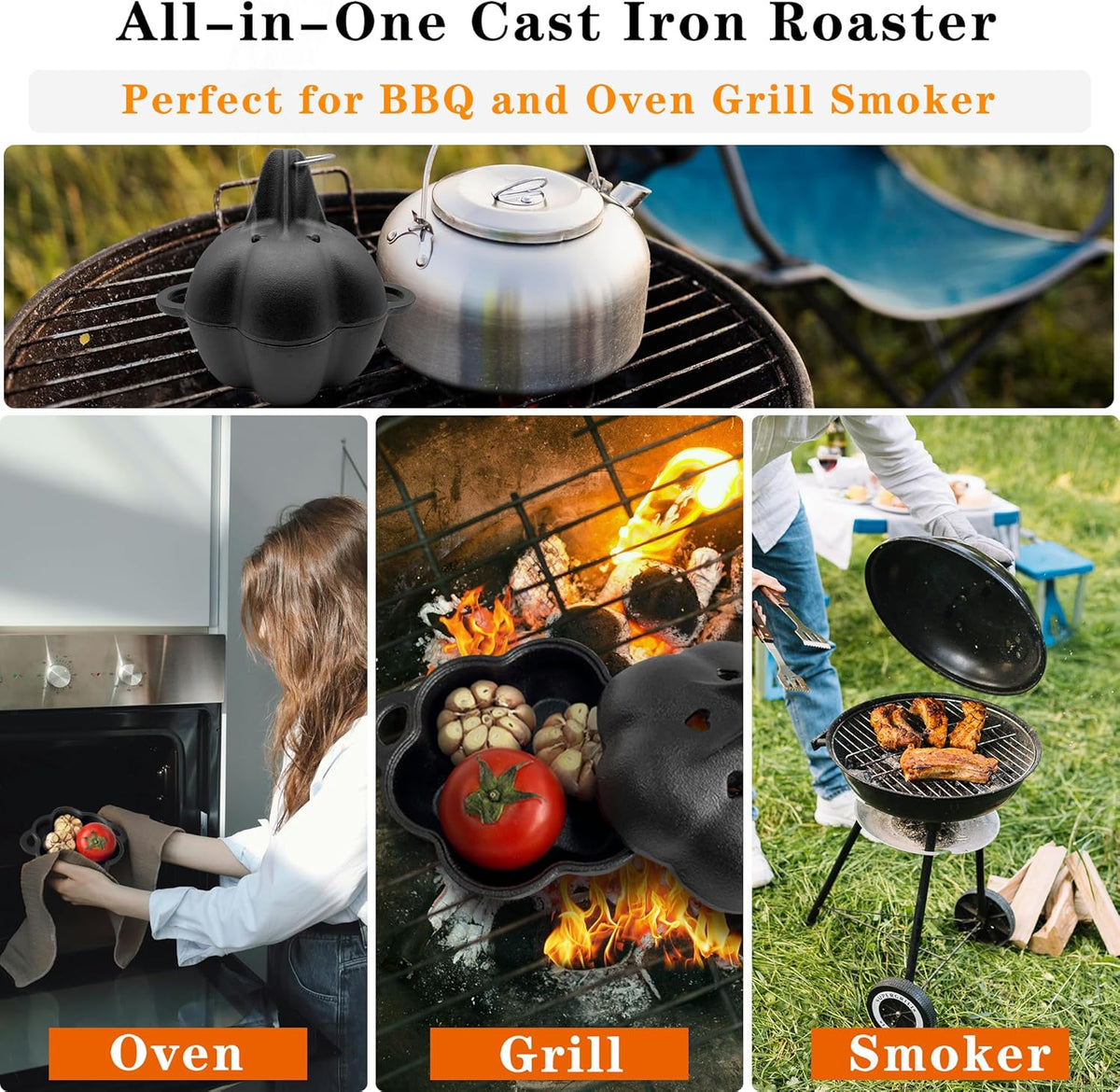 Large Cast Iron Smoker Roaster & Garlic Roster Baker, Smoker Box, Pre-Seasoned Cast Iron Garlic Roaster for Grill, Perfect for BBQ and Oven, for Smoky, Flavorful Vegetables, Meats Wood Chips